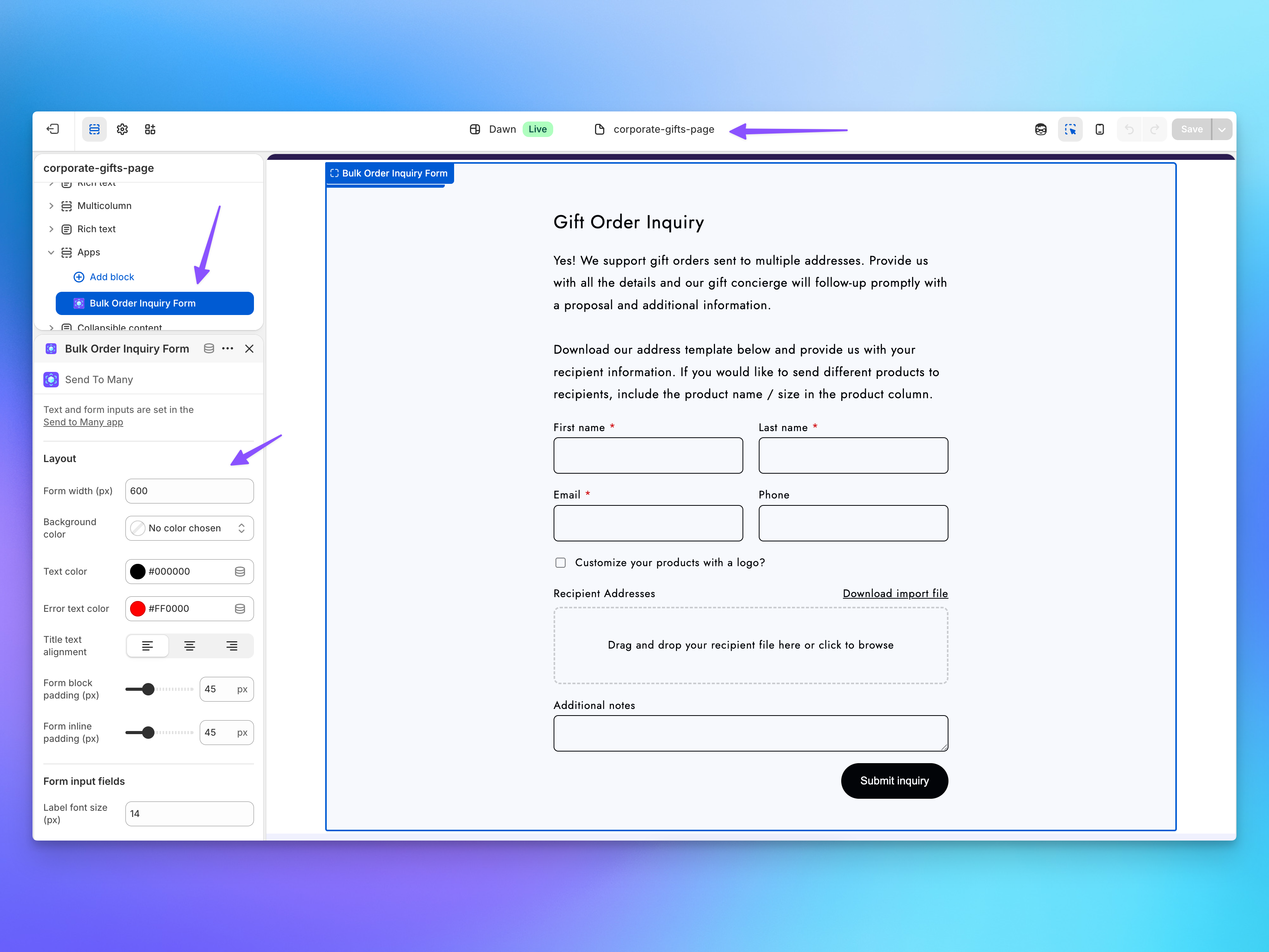Send To Many inquiry form section added to a Shopify theme in the theme editor