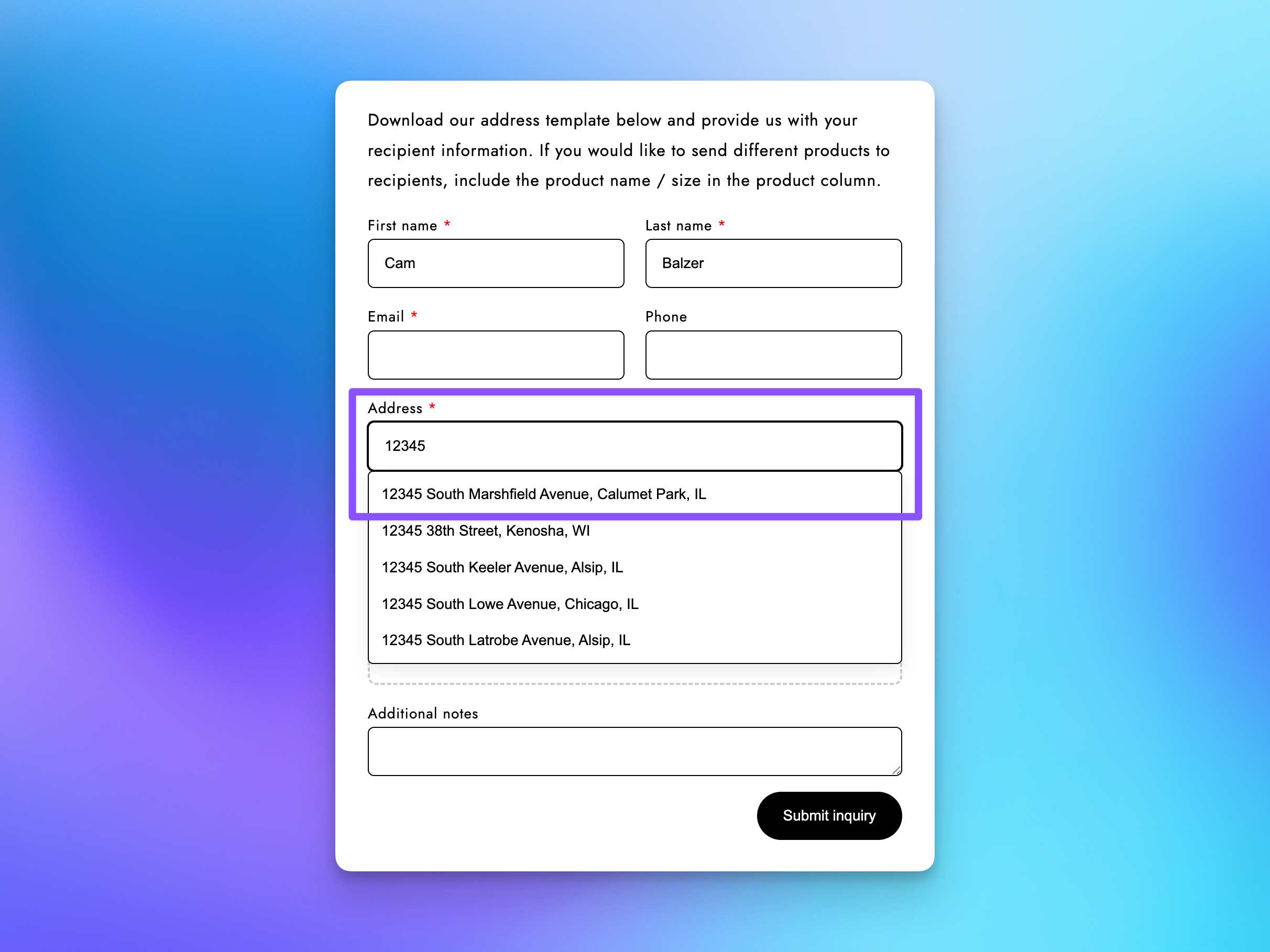 Shopify storefront inquiry form address field showing autocomplete suggestions as the customer types