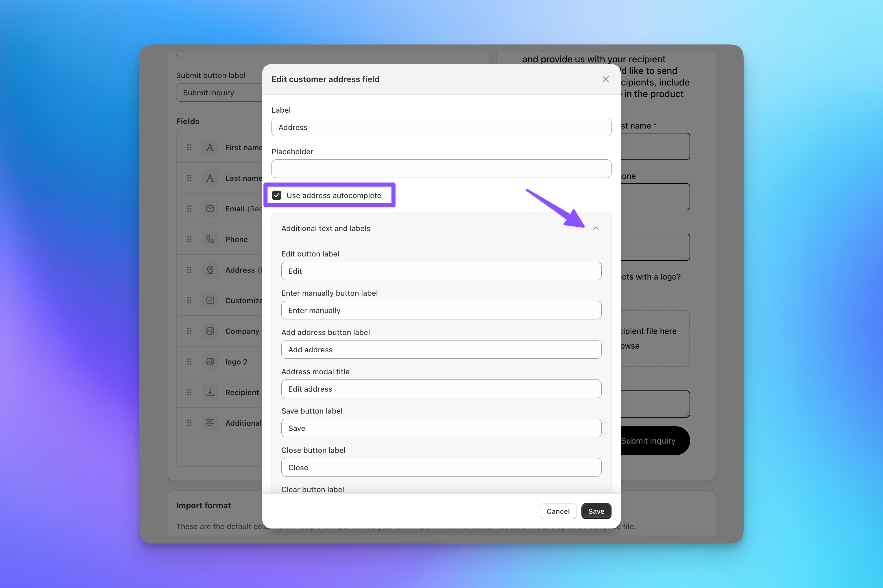 Send To Many customer address field settings with optional address autocomplete and editable button labels