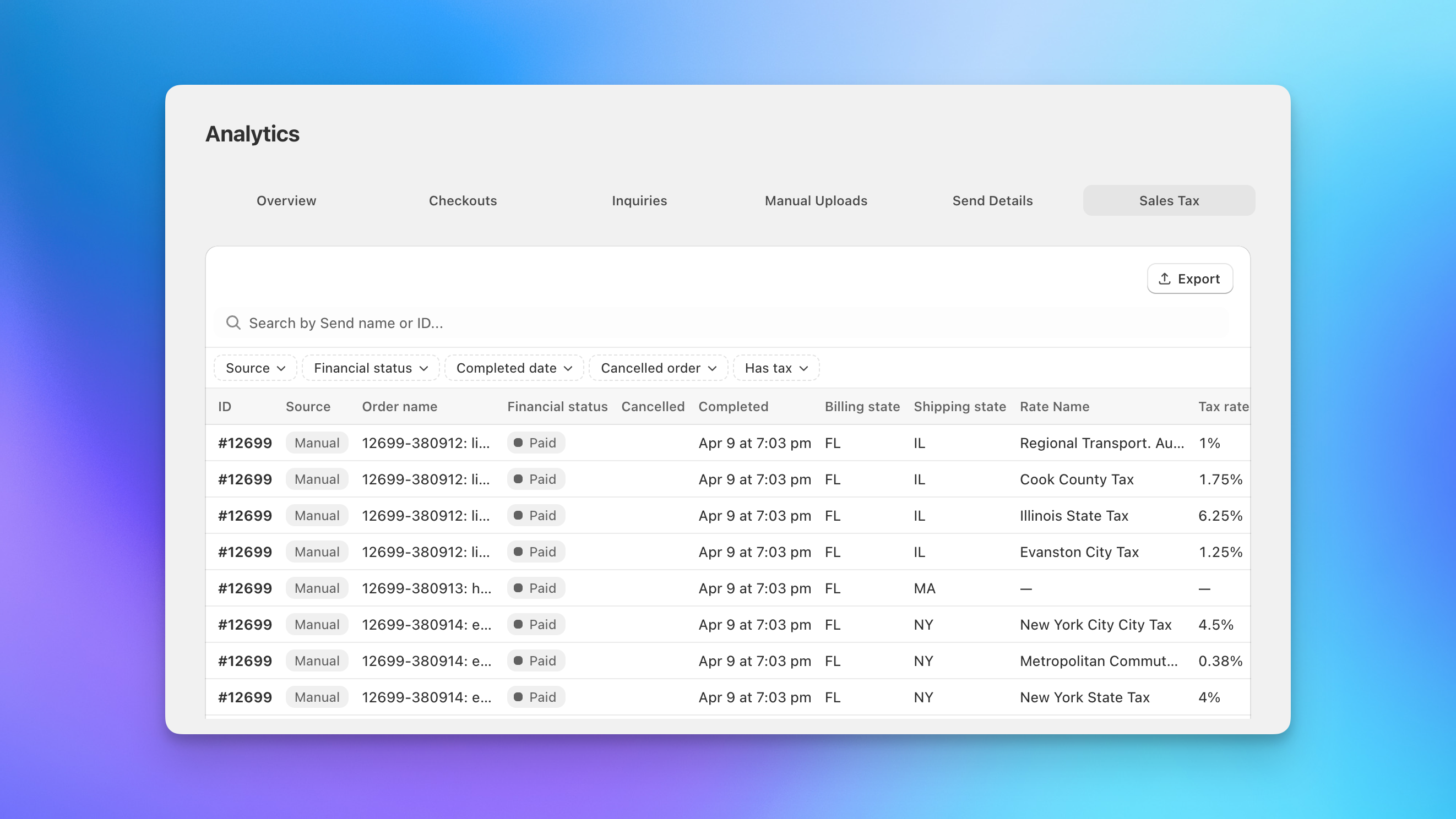 Send To Many sales tax details export showing per-order tax rate breakdowns in Shopify
