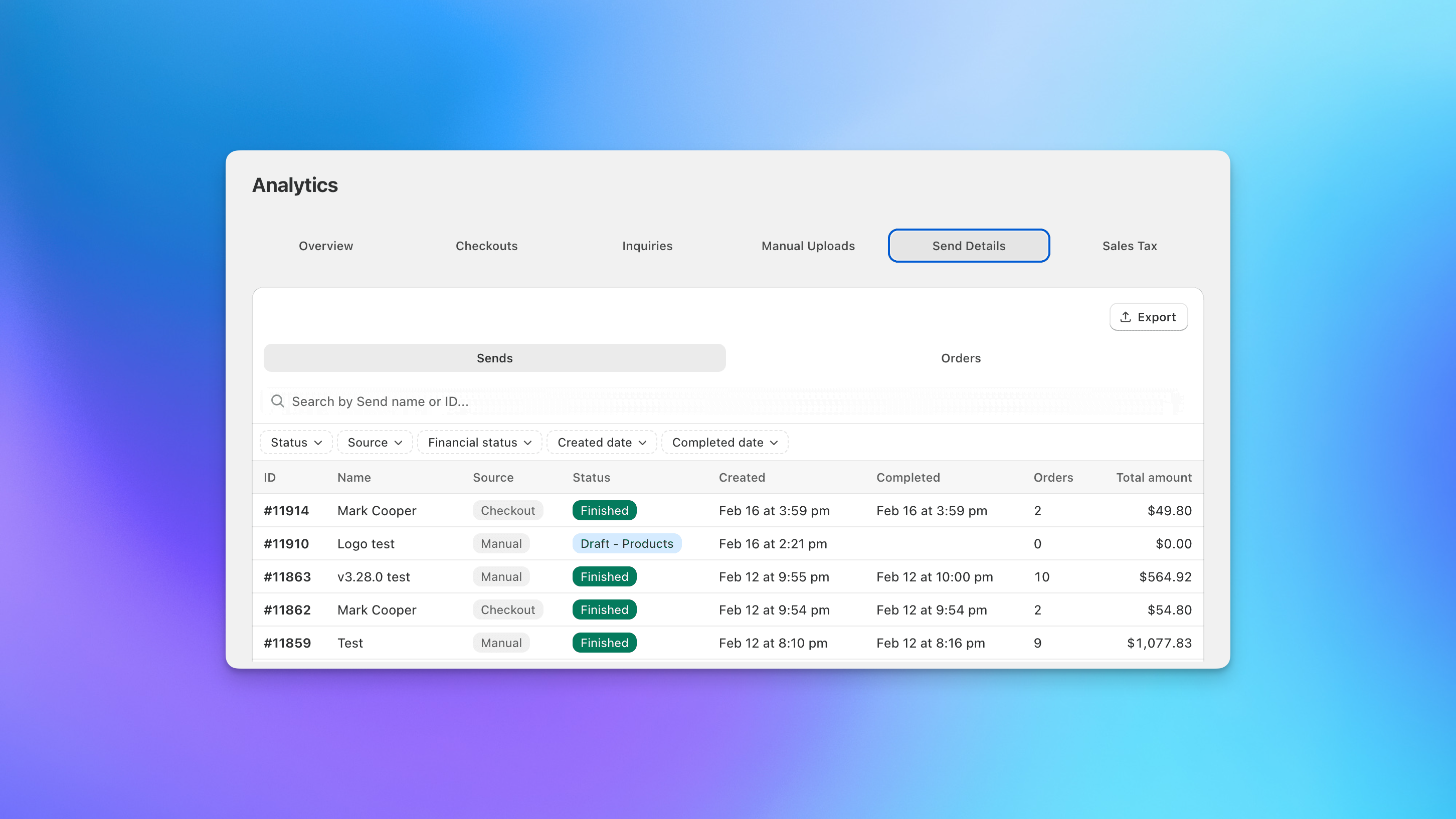 Send To Many send details table showing searchable and filterable send reporting in Shopify