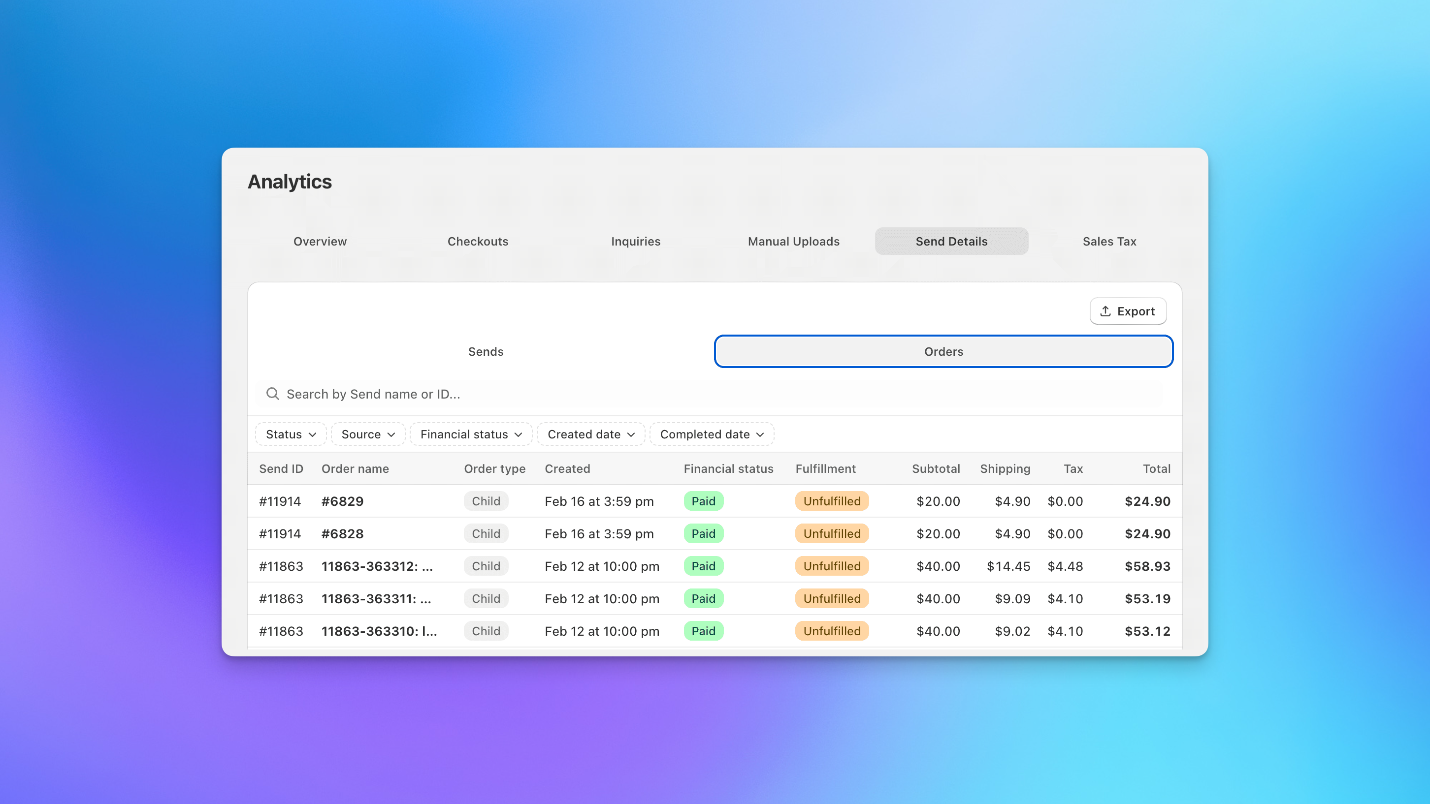 Send To Many send details expanded to show individual order details with financial status in Shopify