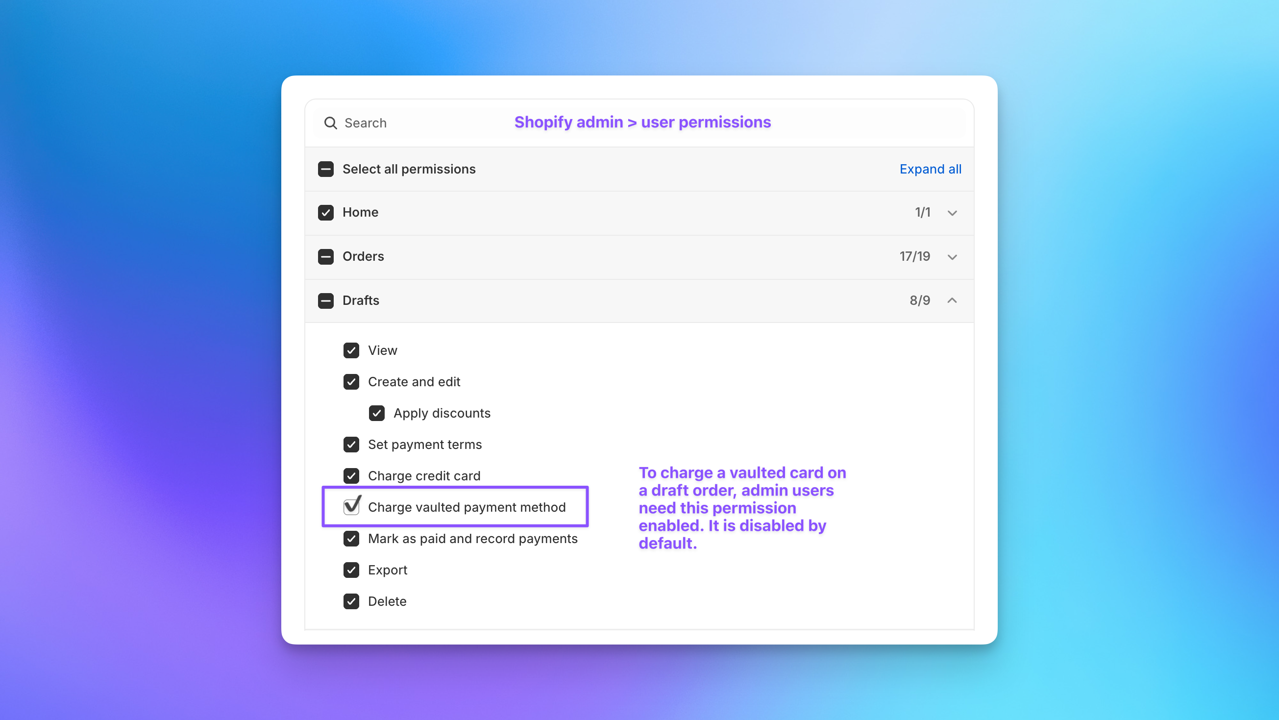 Shopify admin B2B settings showing the charge vaulted payment method permission for Send To Many