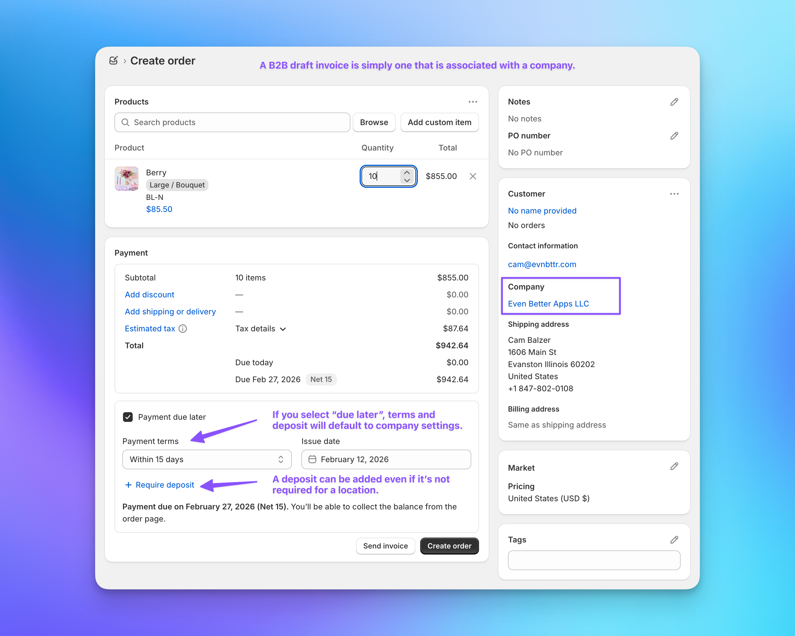 Shopify B2B draft order showing payment terms with deposit option for a Send To Many corporate gifting order