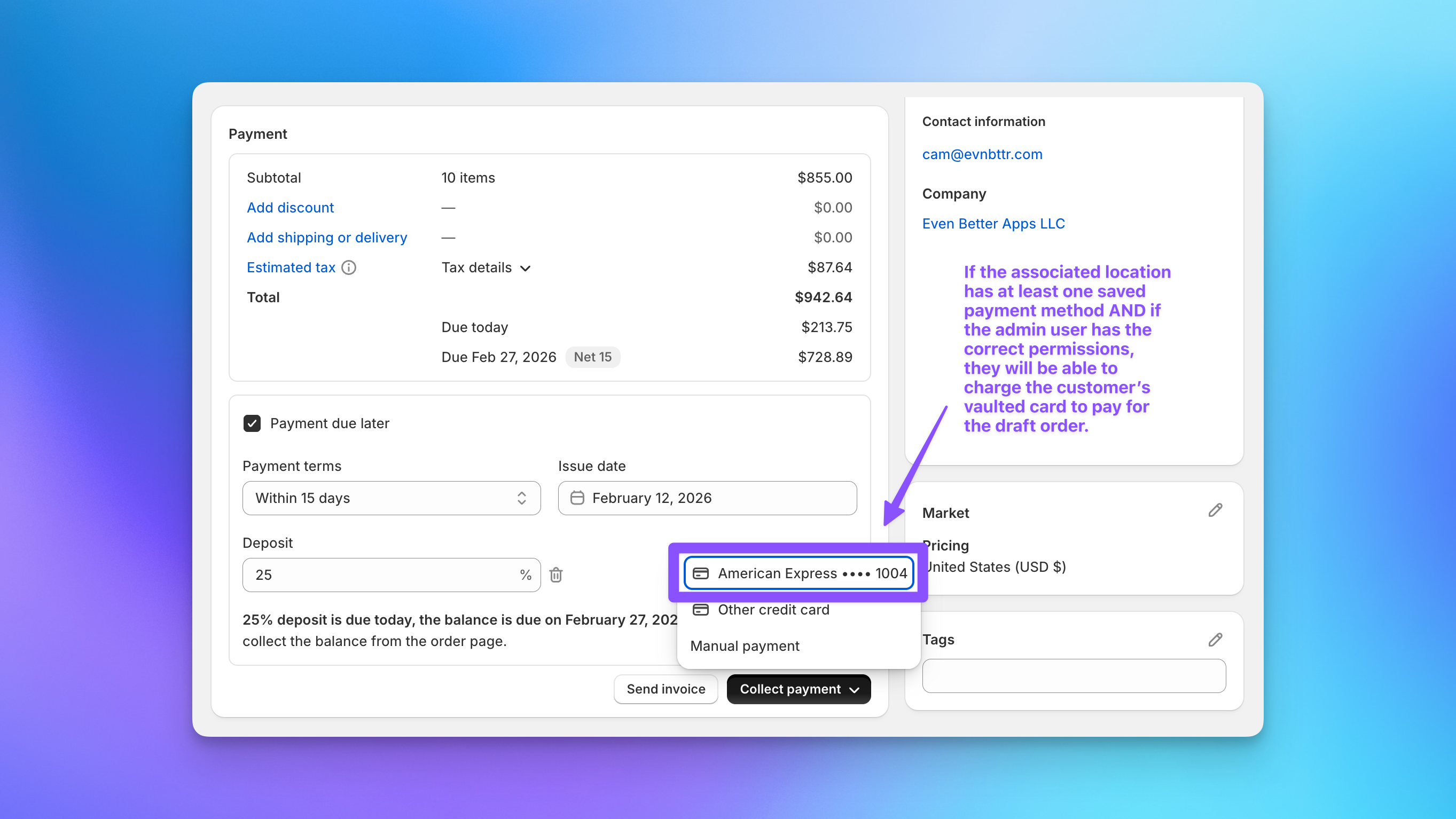 Shopify B2B draft order showing vaulted card and deposit options for a Send To Many corporate gifting invoice