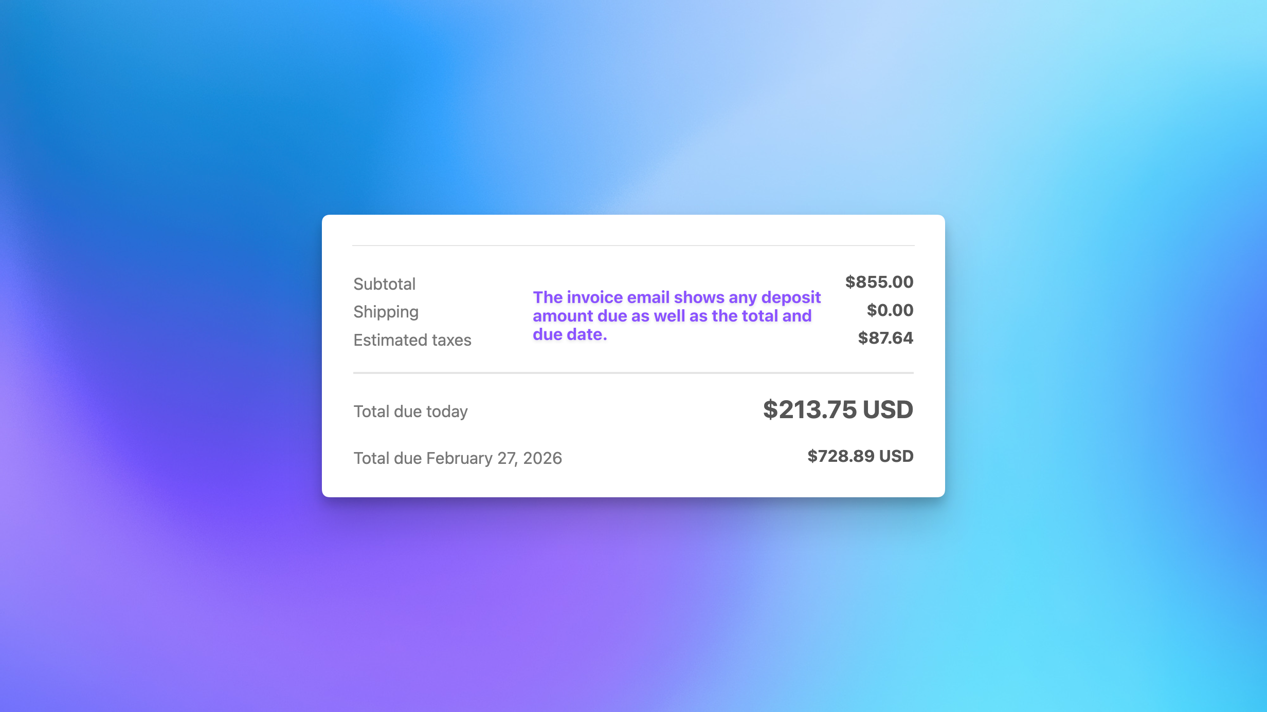 Shopify B2B invoice email showing deposit amount and due date for a Send To Many corporate gifting order