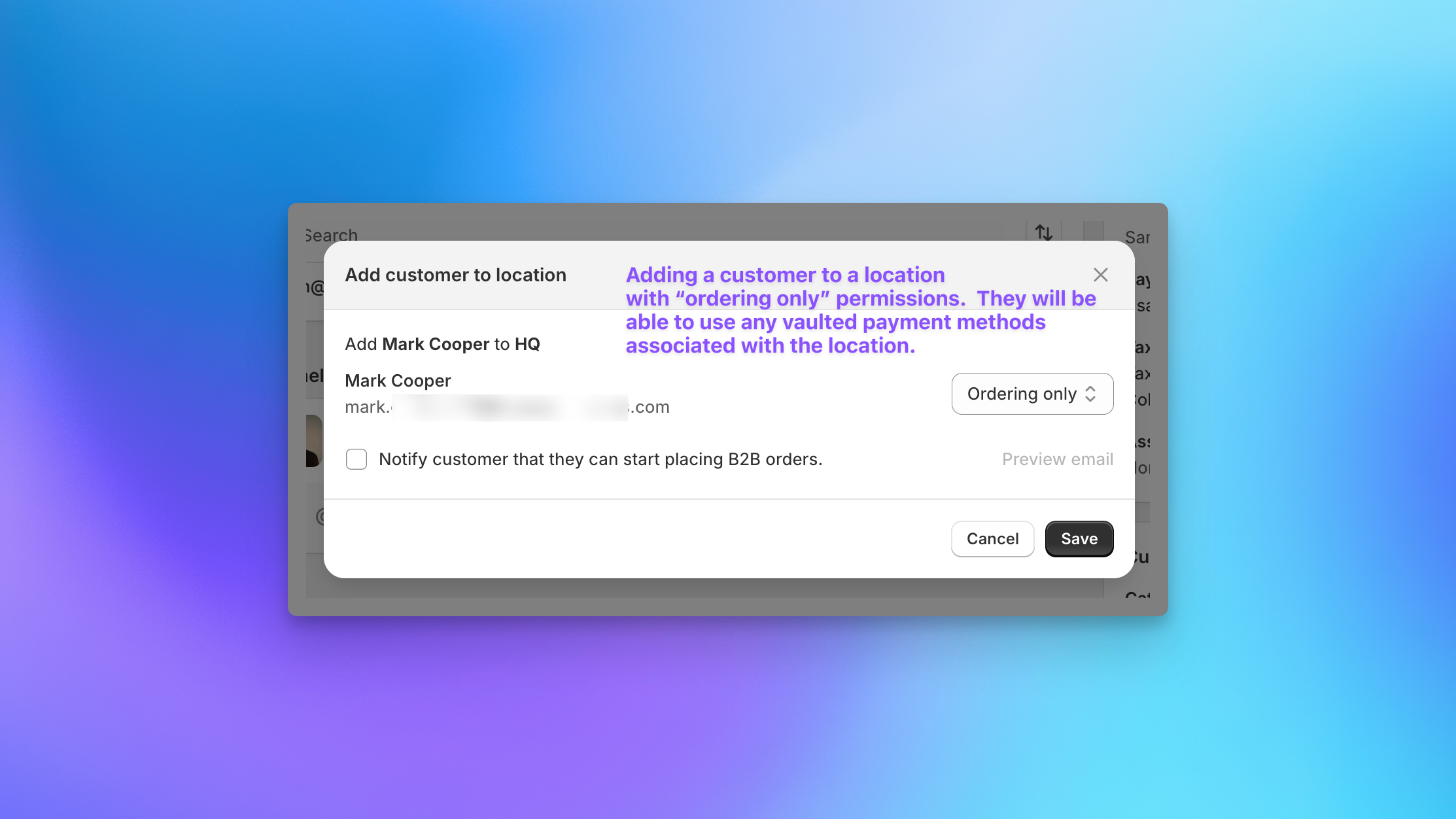 Shopify admin B2B location user management for controlling access to Send To Many corporate gifting orders