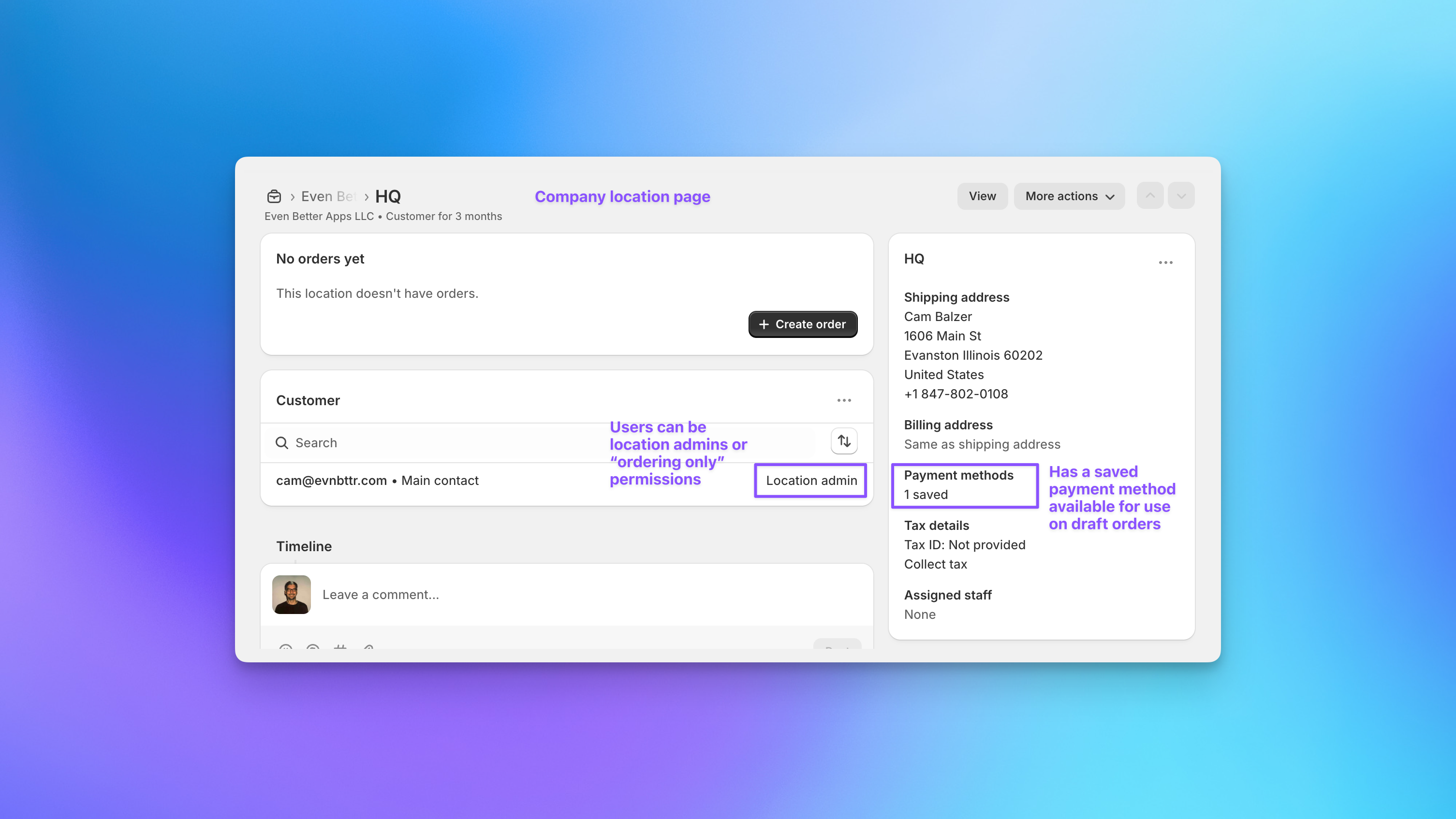 Shopify admin B2B company location showing saved vaulted payment method for Send To Many orders