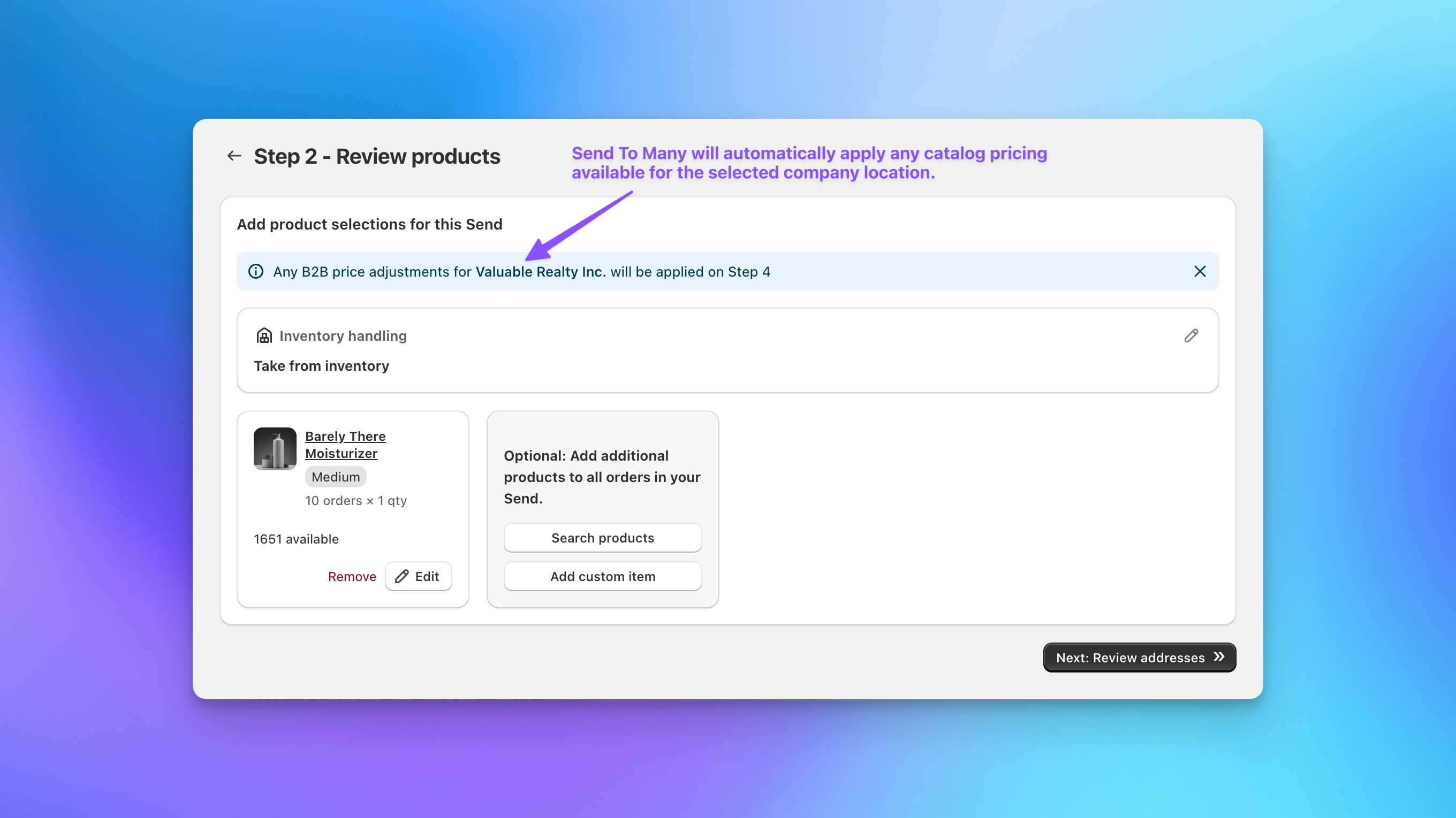 Send To Many step 2 showing catalog pricing applied to products