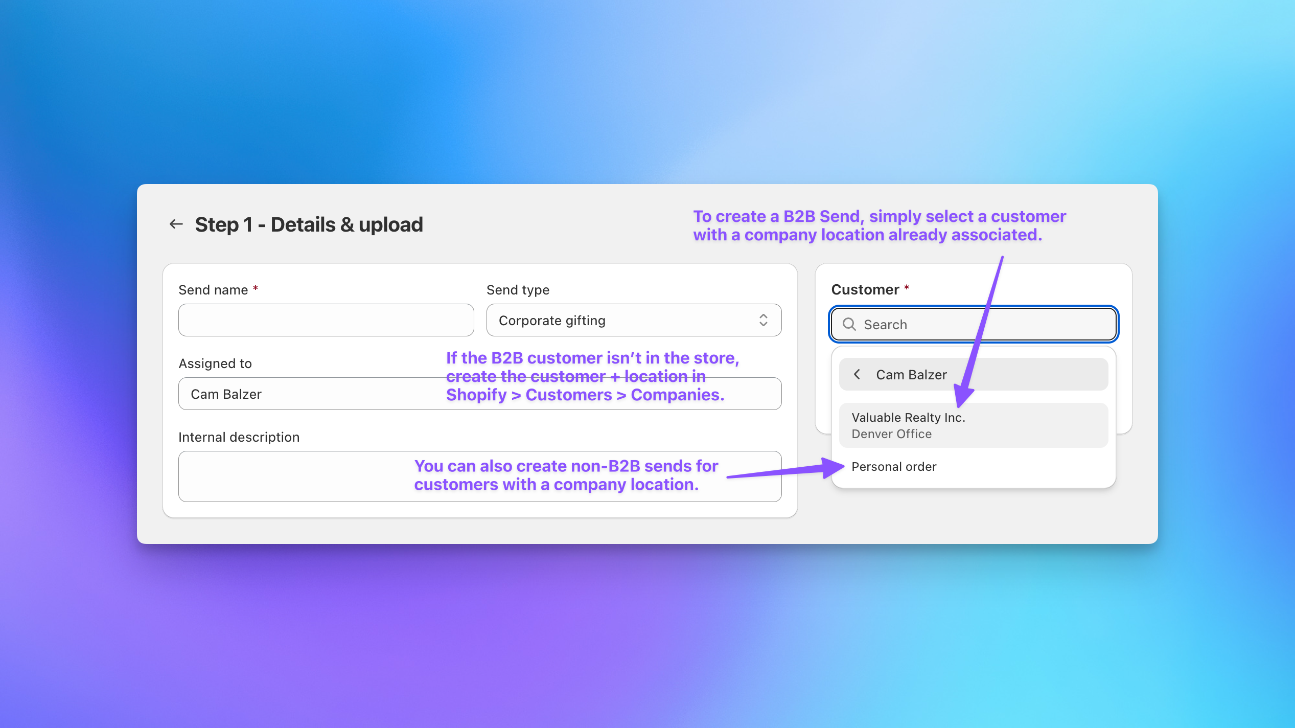 Send To Many step 1 for a B2B send showing company location details