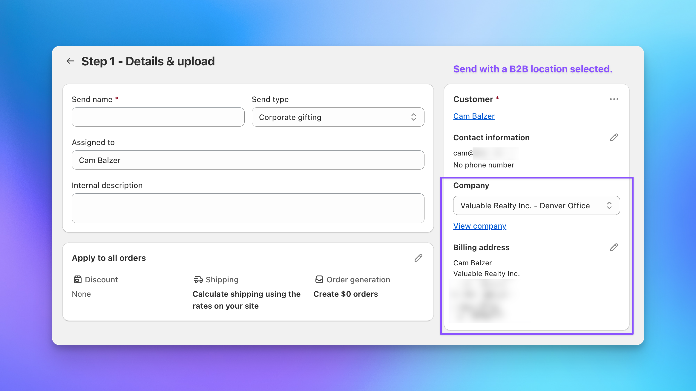 Send To Many step 1 showing B2B customer with company association