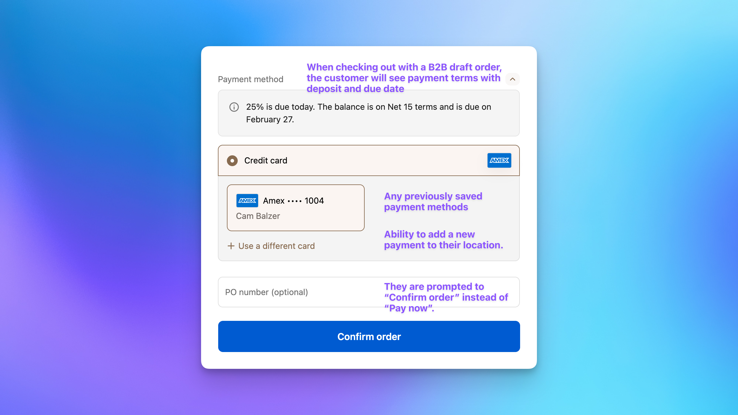 Shopify B2B checkout showing vaulted card payment options with deposit and terms for corporate gifting