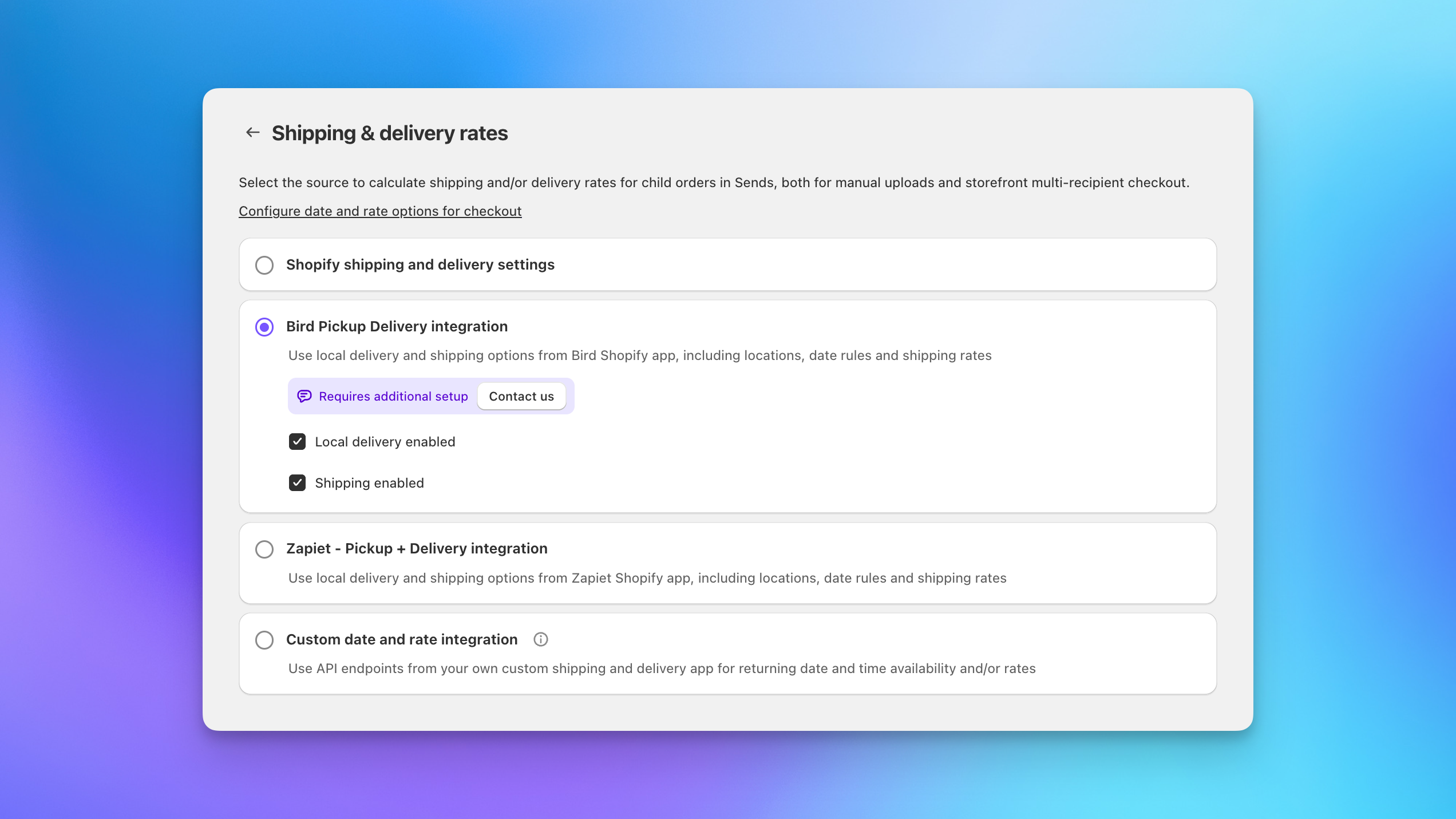 Bird integration settings in Send To Many showing shipping and delivery rate source configuration