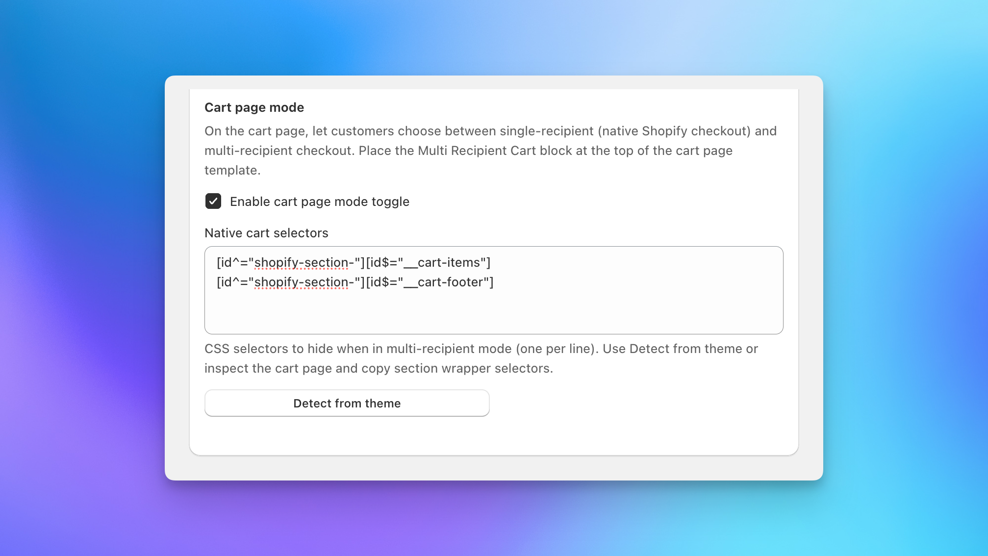 Send To Many cart page mode settings with the enable toggle checkbox and native cart selectors field