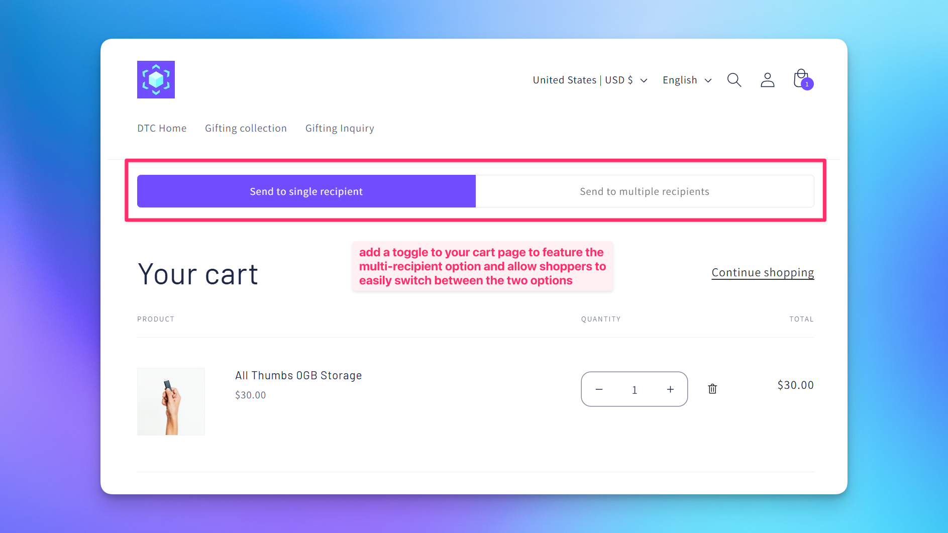 Shopify cart page with the single versus multiple recipient toggle at the top