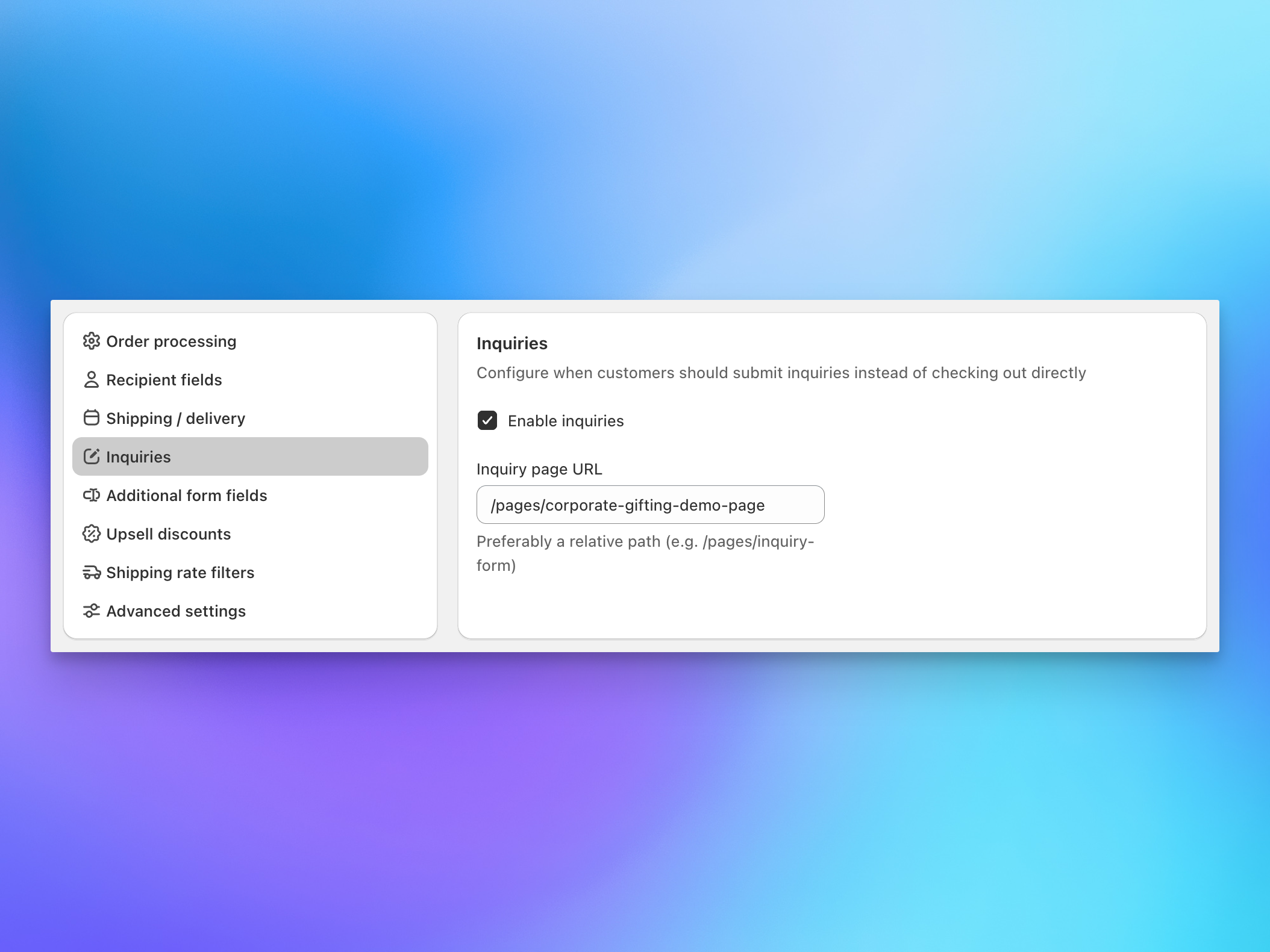 Send To Many inquiry form settings embedded in Shopify multi-recipient checkout