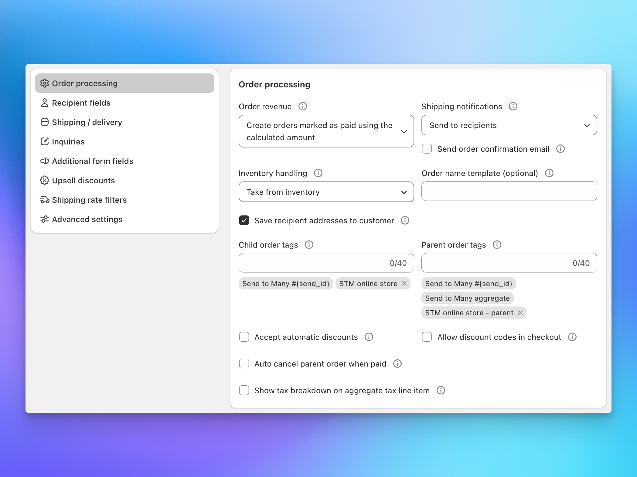 Send To Many order processing settings for Shopify multi-recipient checkout configuration