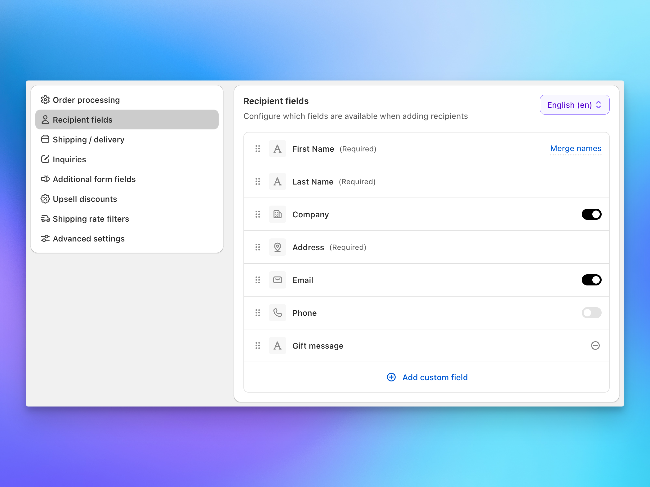 Send To Many recipient fields configuration for Shopify multi-recipient checkout form