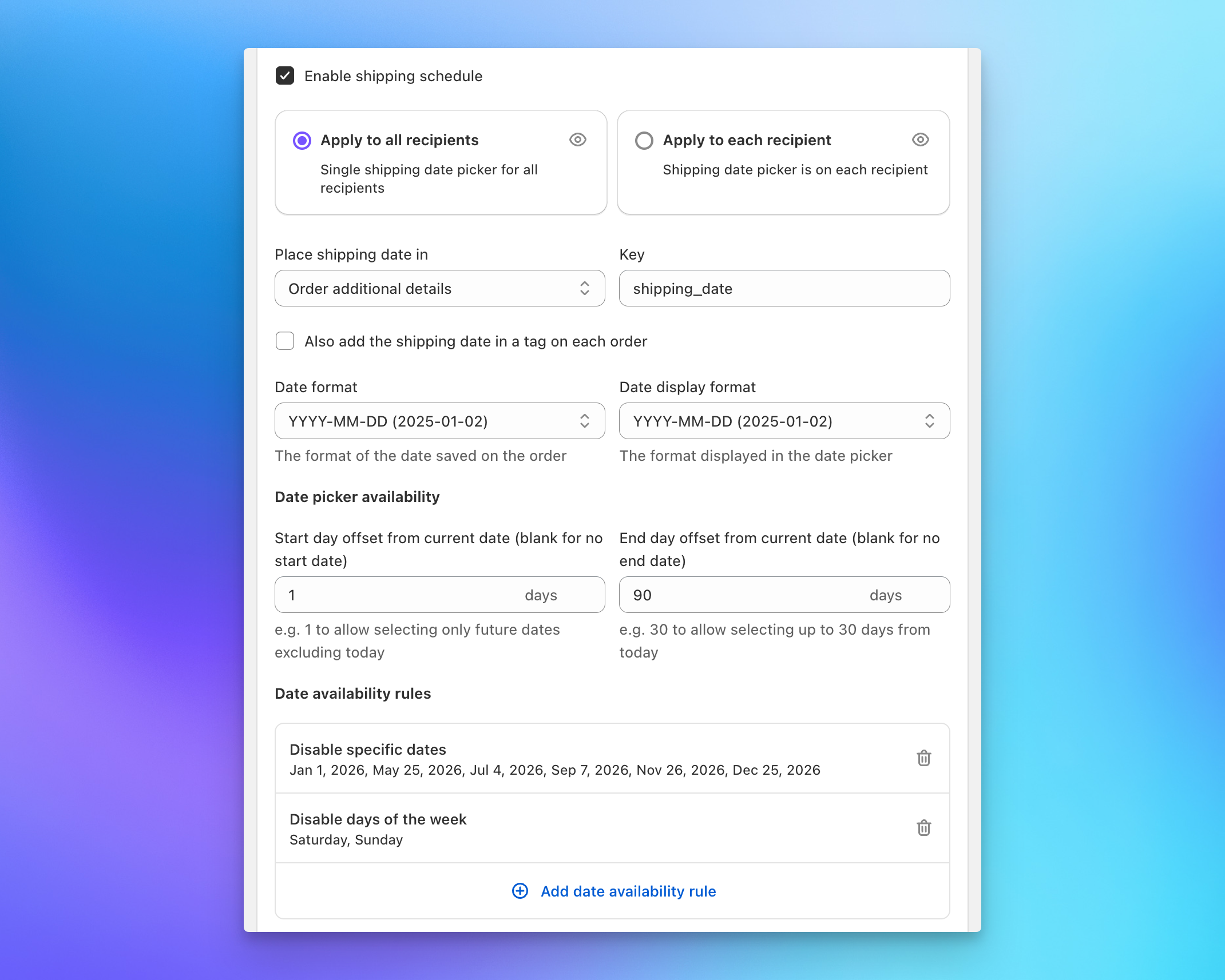Shipping date and delivery options for Send To Many multi-recipient bulk orders in Shopify