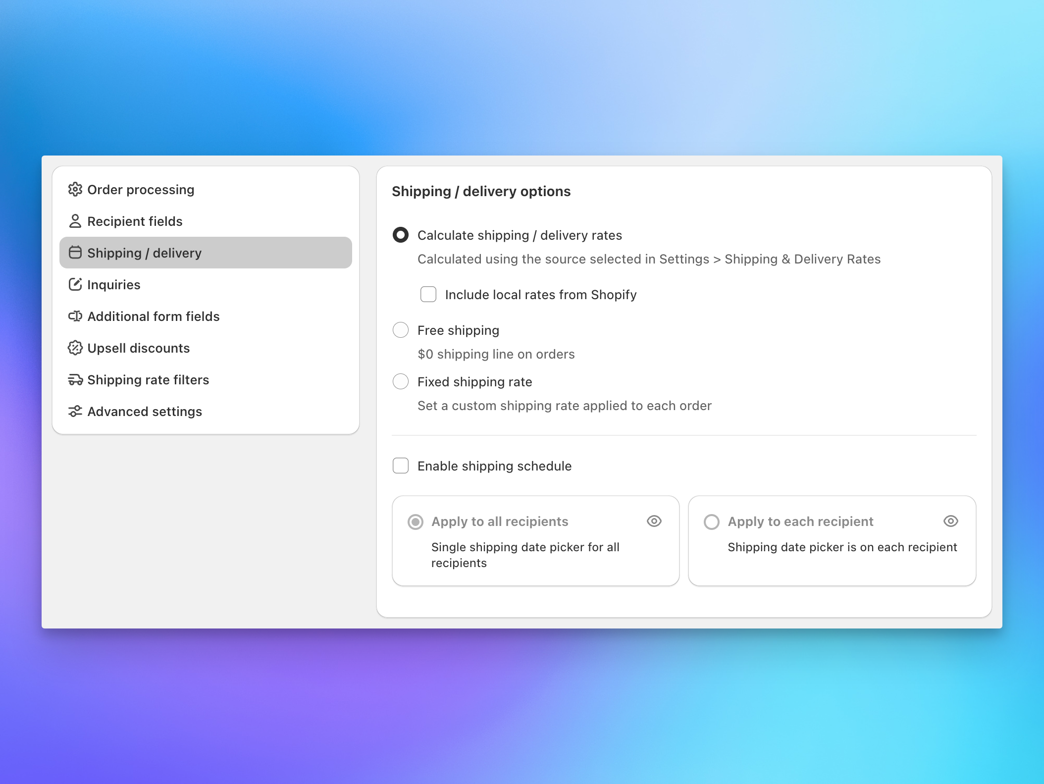 Shipping and delivery rate source settings for Send To Many multi-recipient checkout in Shopify