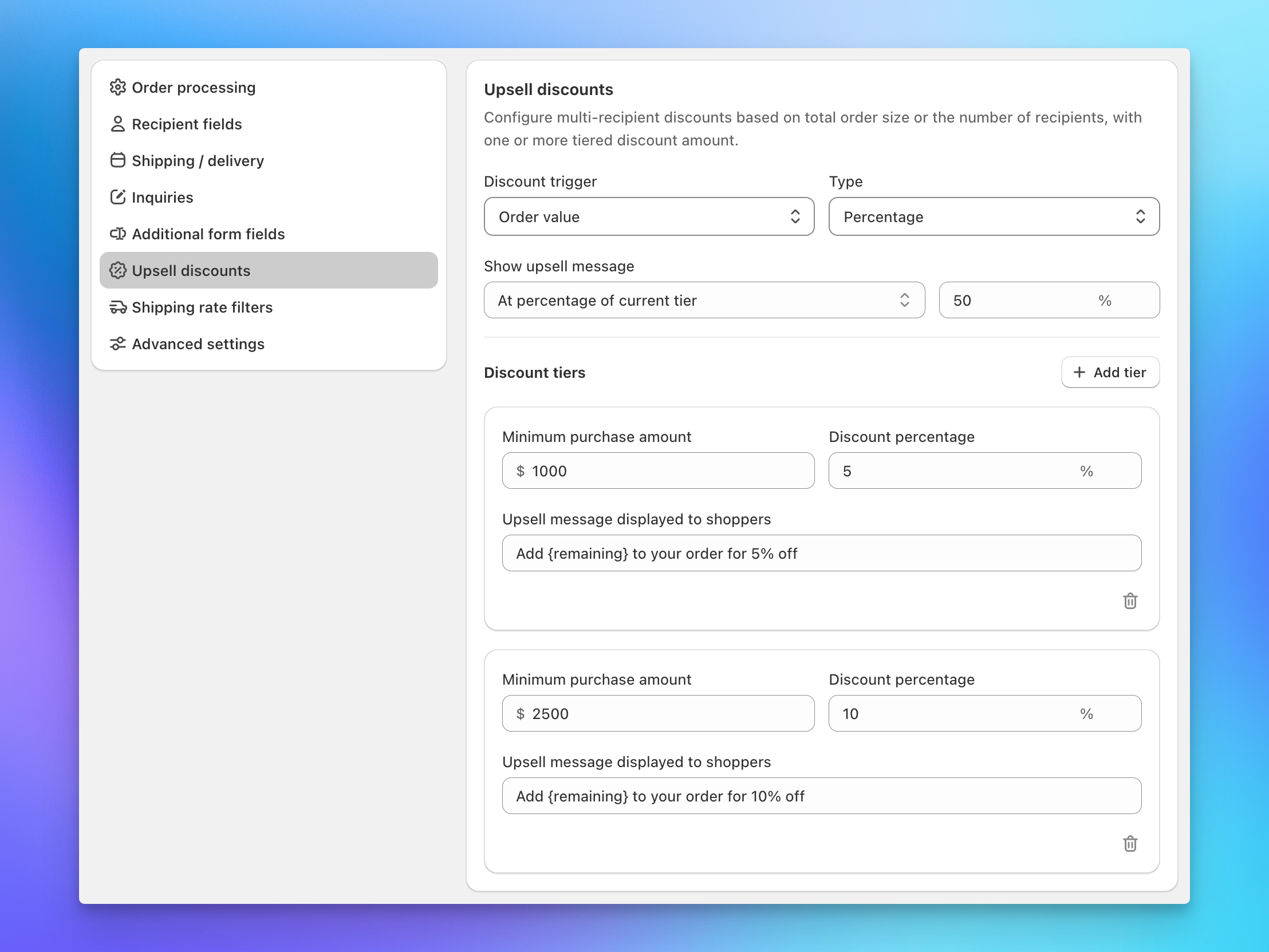 Send To Many tiered upsell discount settings for Shopify multi-recipient checkout