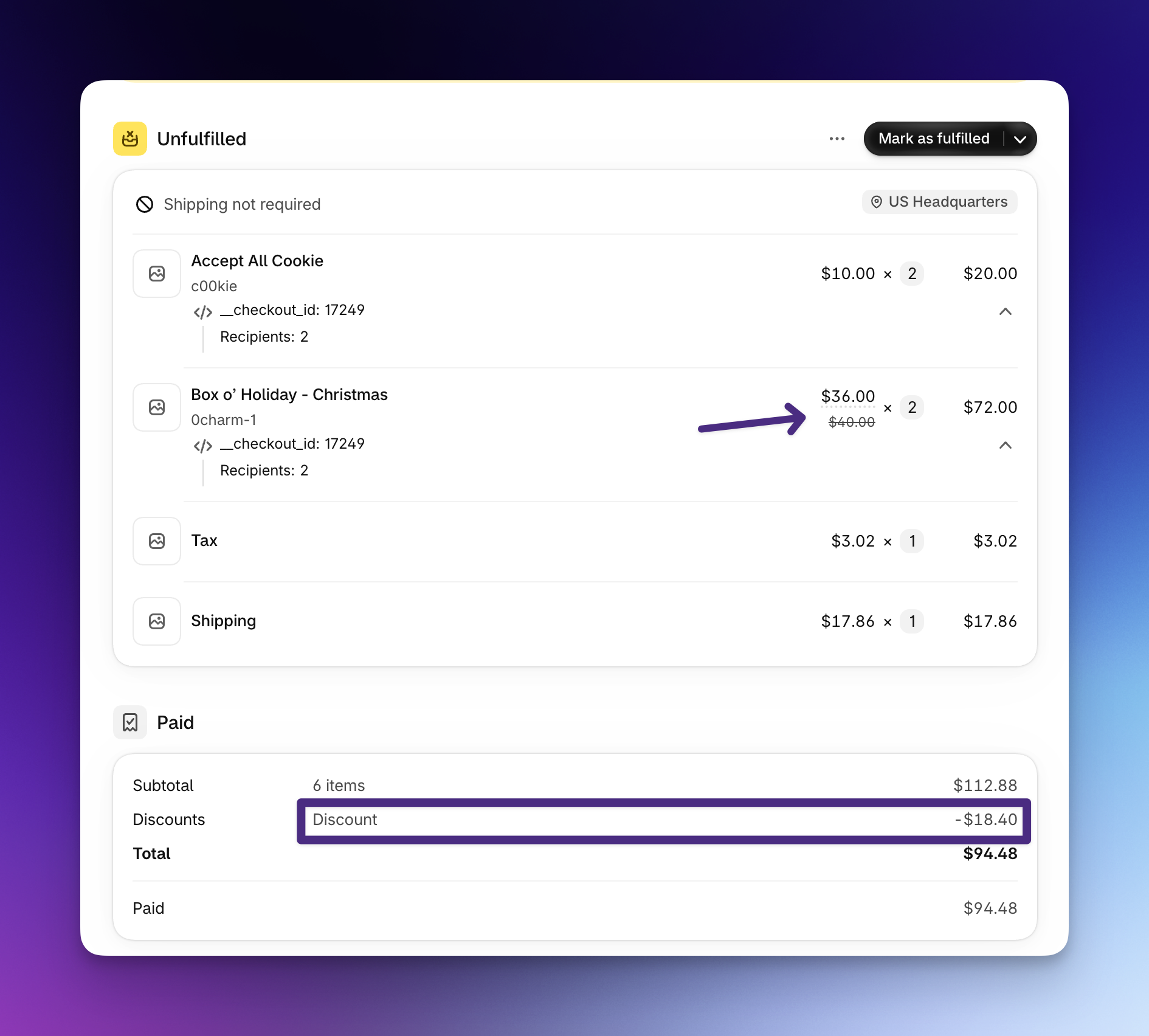 Shopify gifter order from multi-recipient checkout showing a discounted line item price and a generic Discount line in the order summary