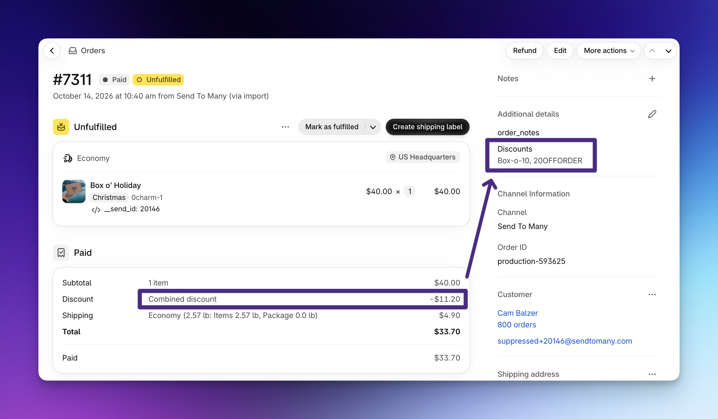 Shopify recipient order showing Combined discount in the order summary and multiple codes in the Discounts order attribute