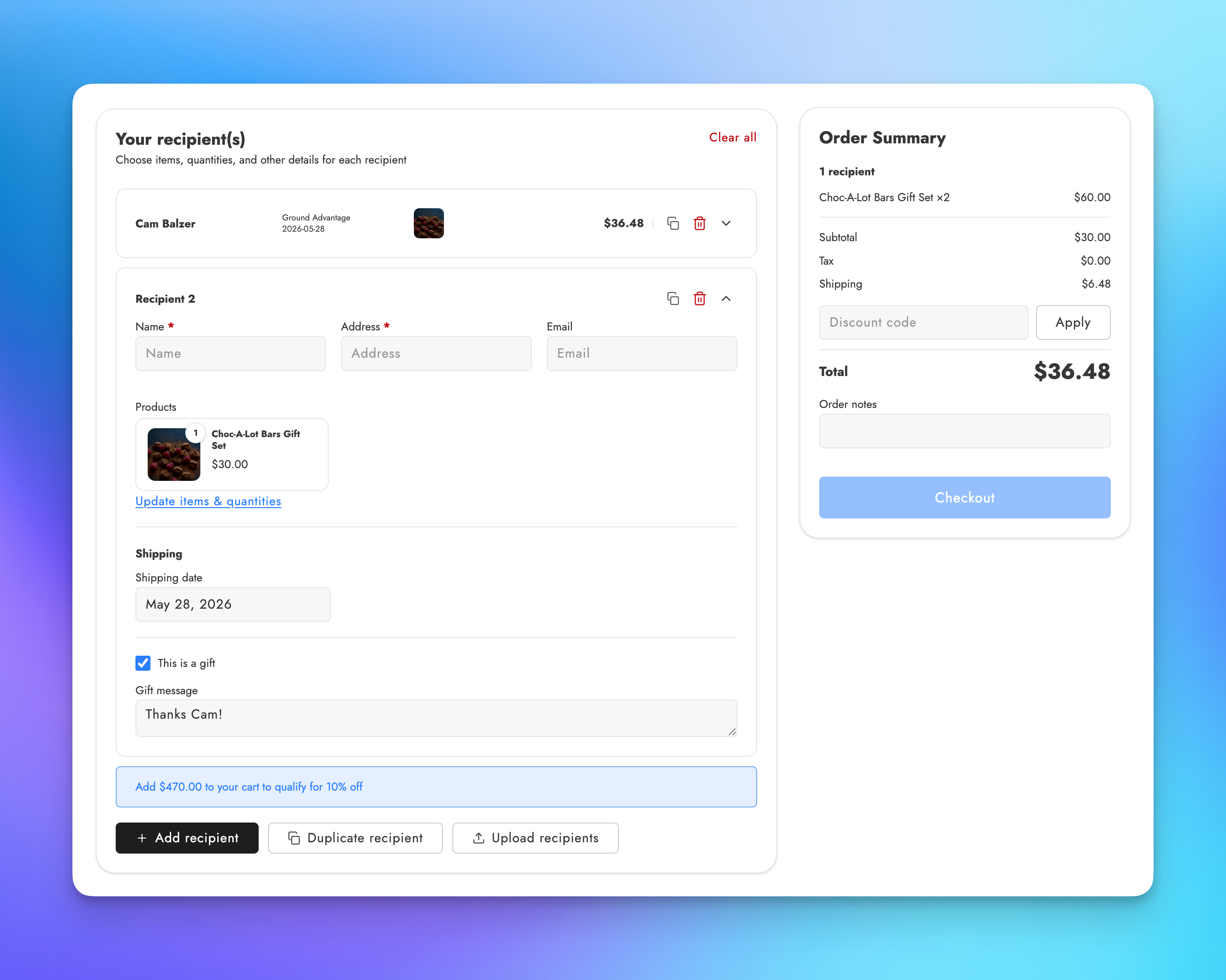 Filled-out recipient card with products, gift message, and shipping rate in multi-recipient checkout