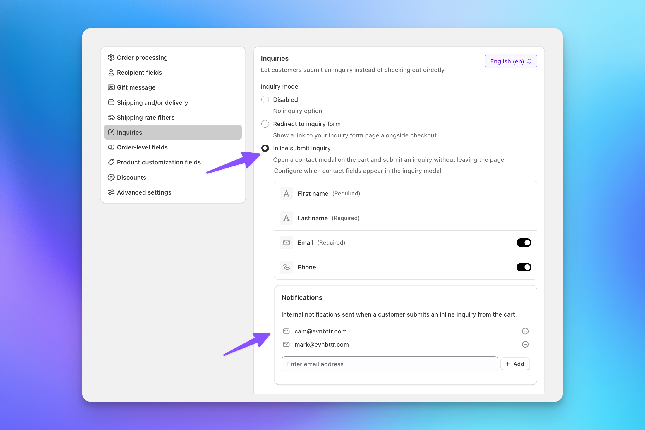 Send To Many multi-recipient checkout Inquiries settings with inline submit inquiry selected, contact fields, and notification email list