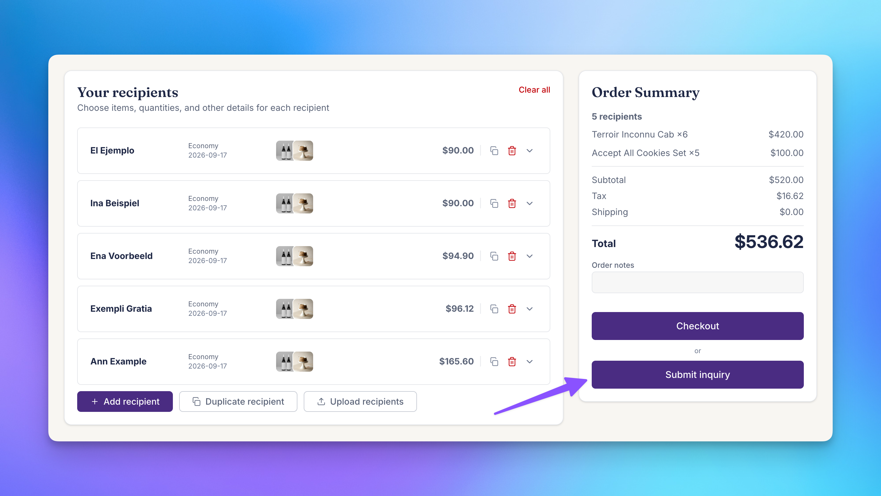 Send To Many multi-recipient cart order summary showing Checkout and Submit inquiry buttons for a five-recipient corporate gift order