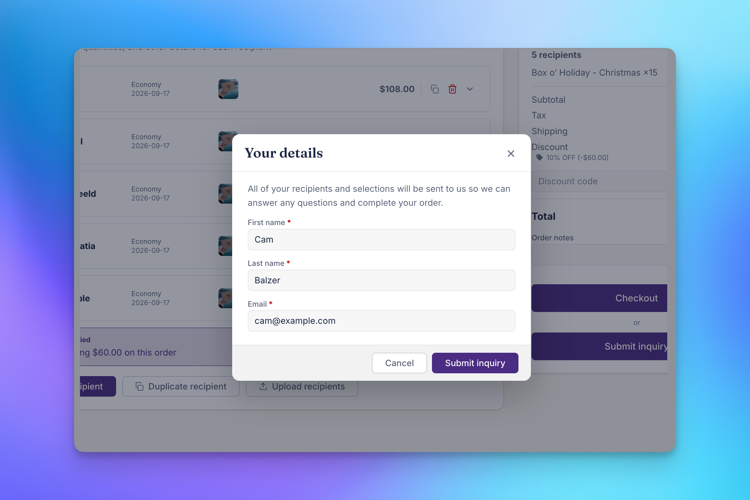 Your details contact modal for submitting a multi-recipient cart as an inquiry in Send To Many checkout