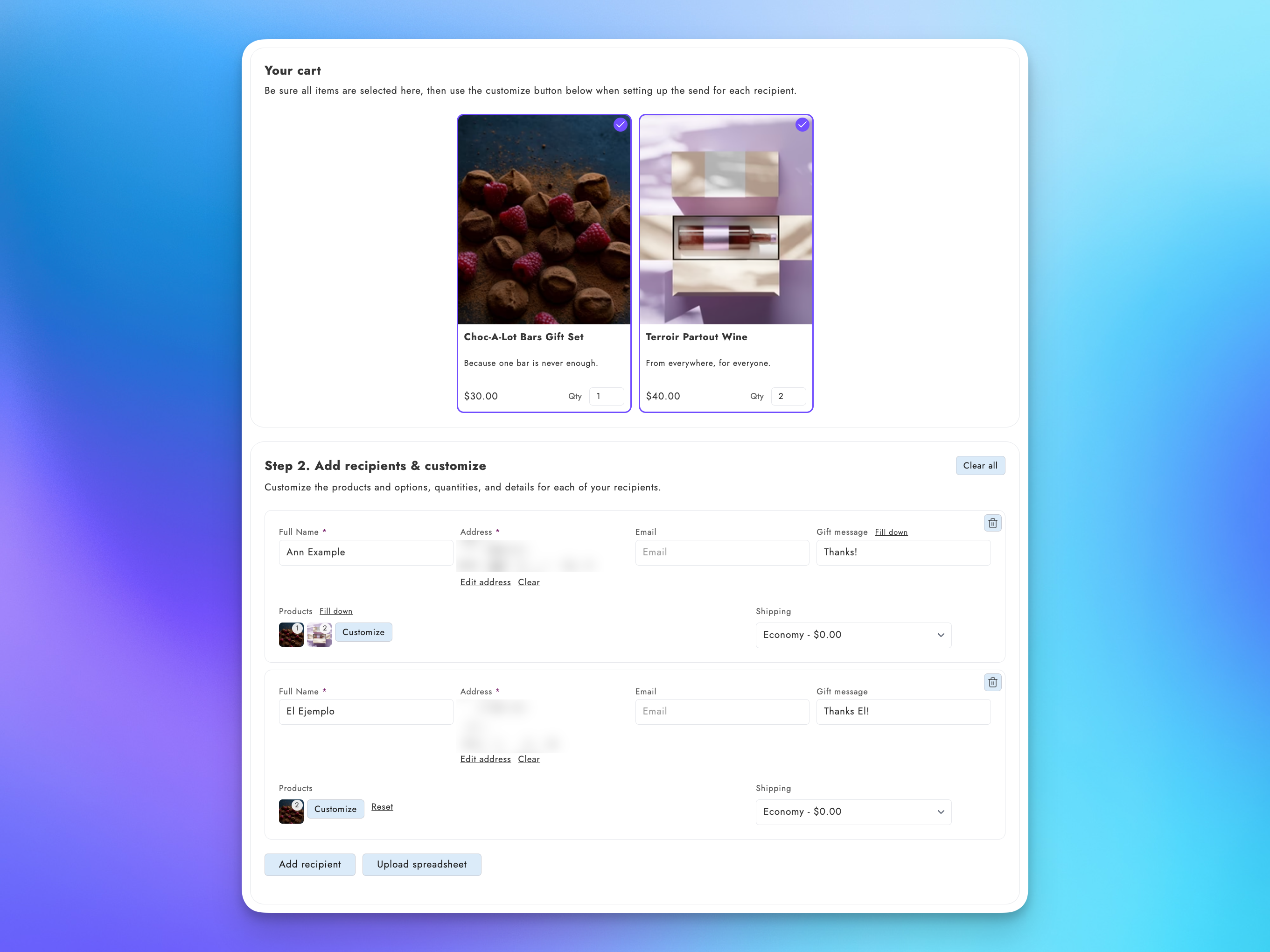 Shopify multi-recipient checkout with multiple shipping addresses