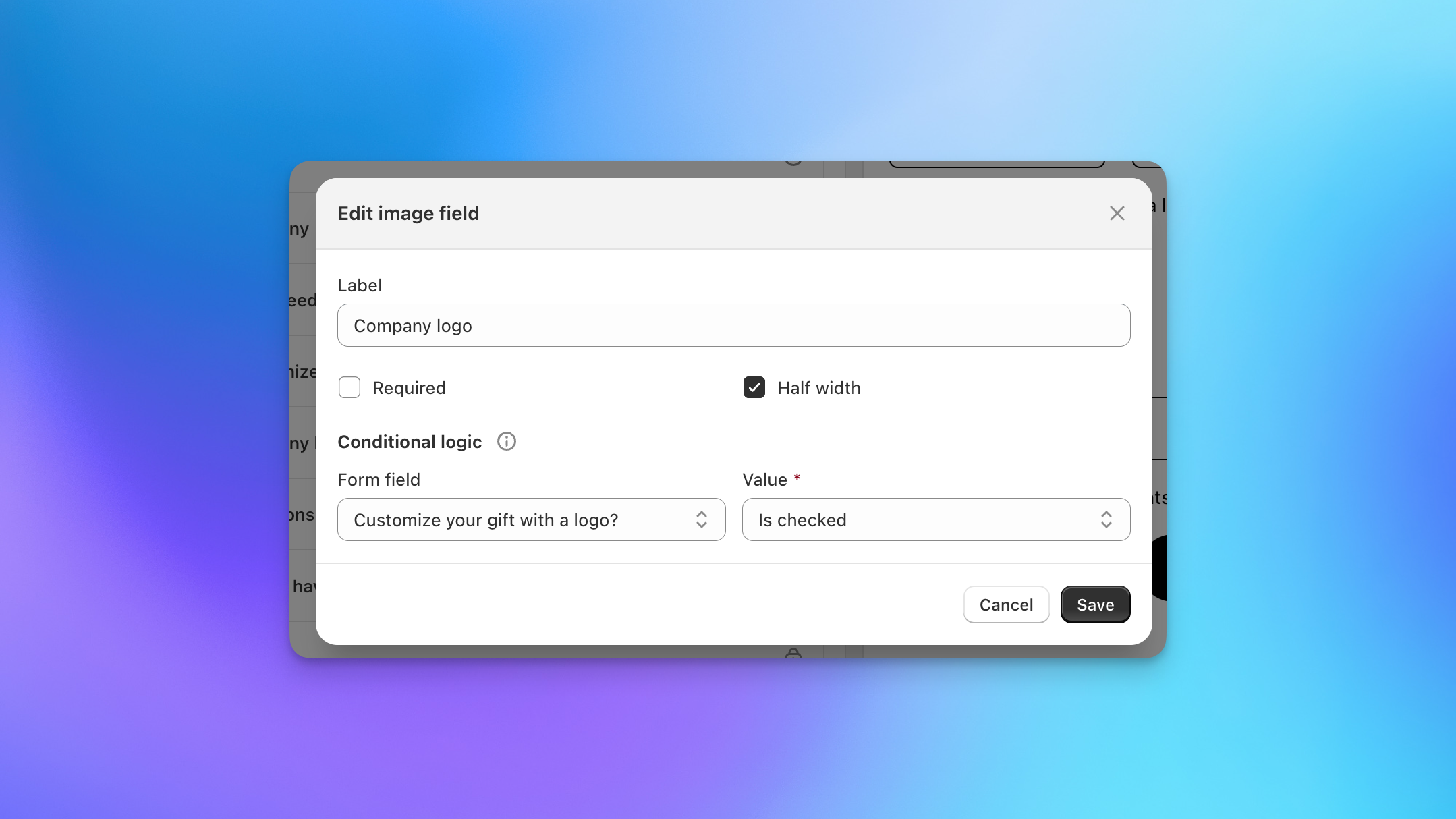 Send To Many inquiry form conditional logic showing company logo upload field when branding checkbox is checked