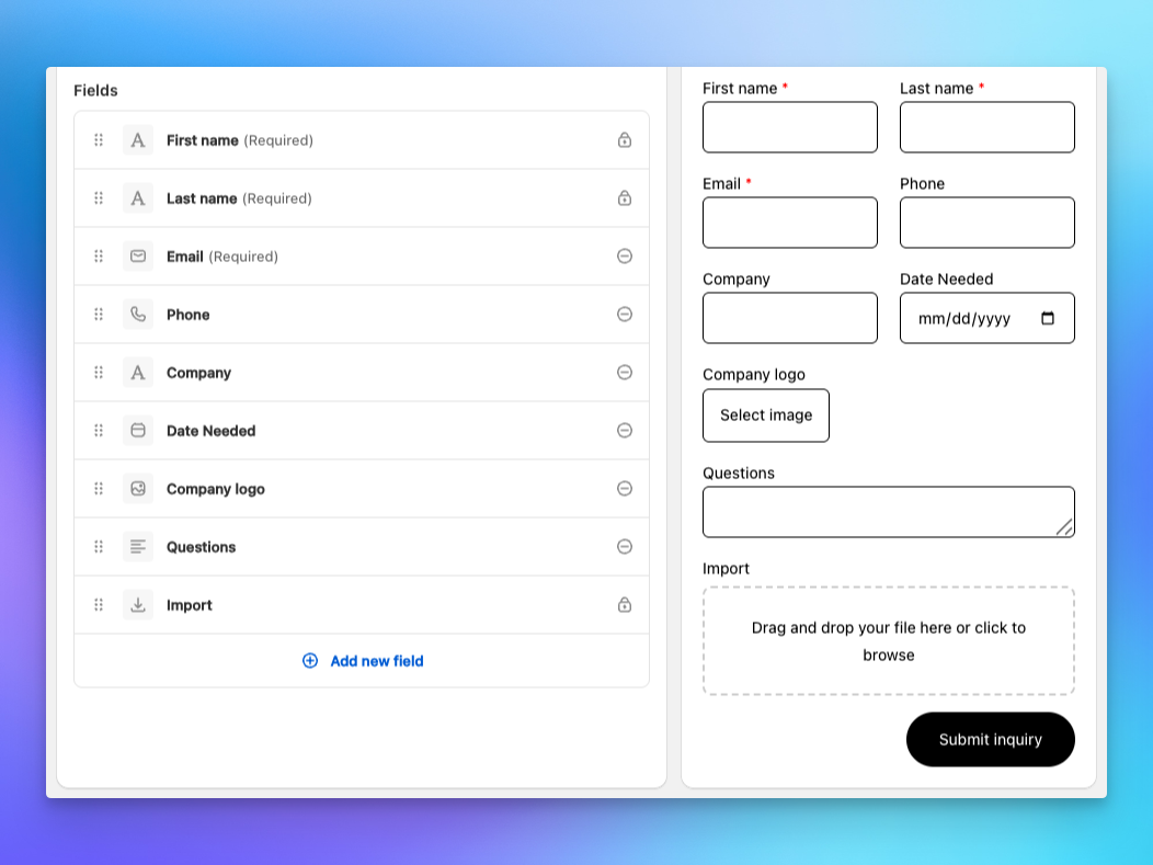 Send To Many inquiry form field configuration with drag-and-drop ordering