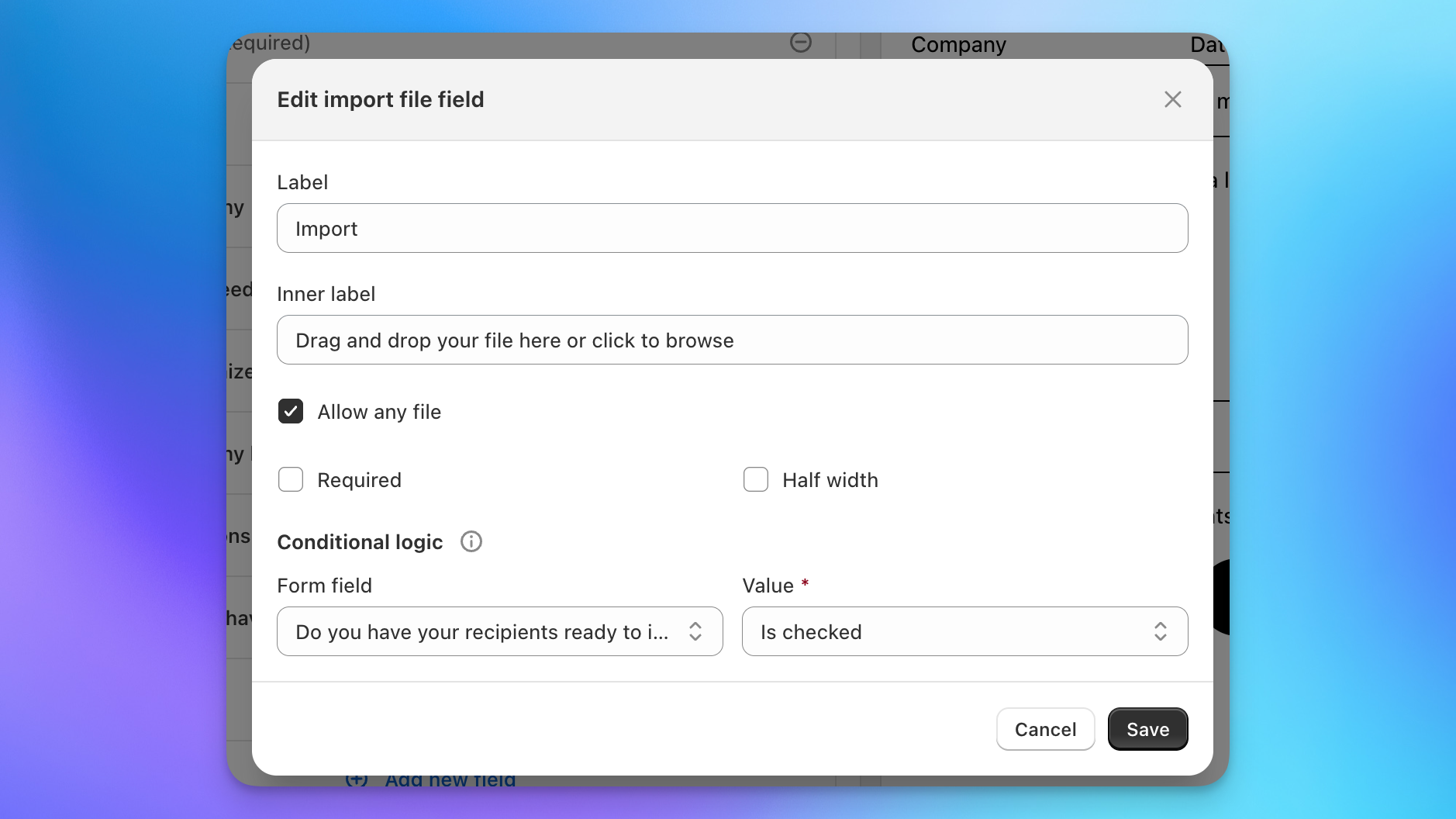 Send To Many import file field settings for recipient spreadsheet uploads