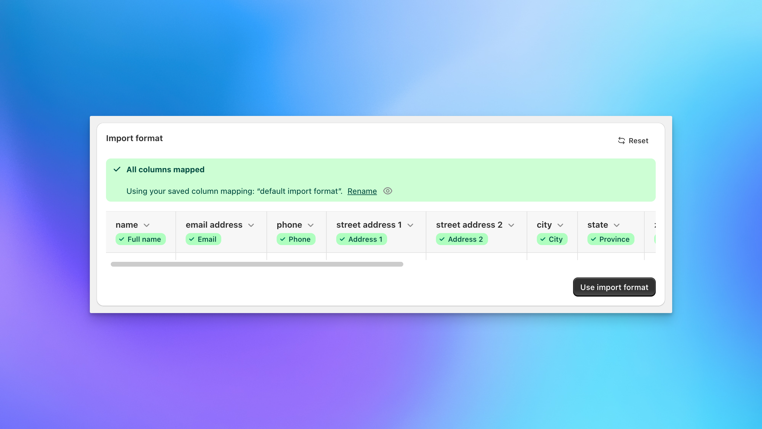 Send To Many import format configuration with column headers and download template