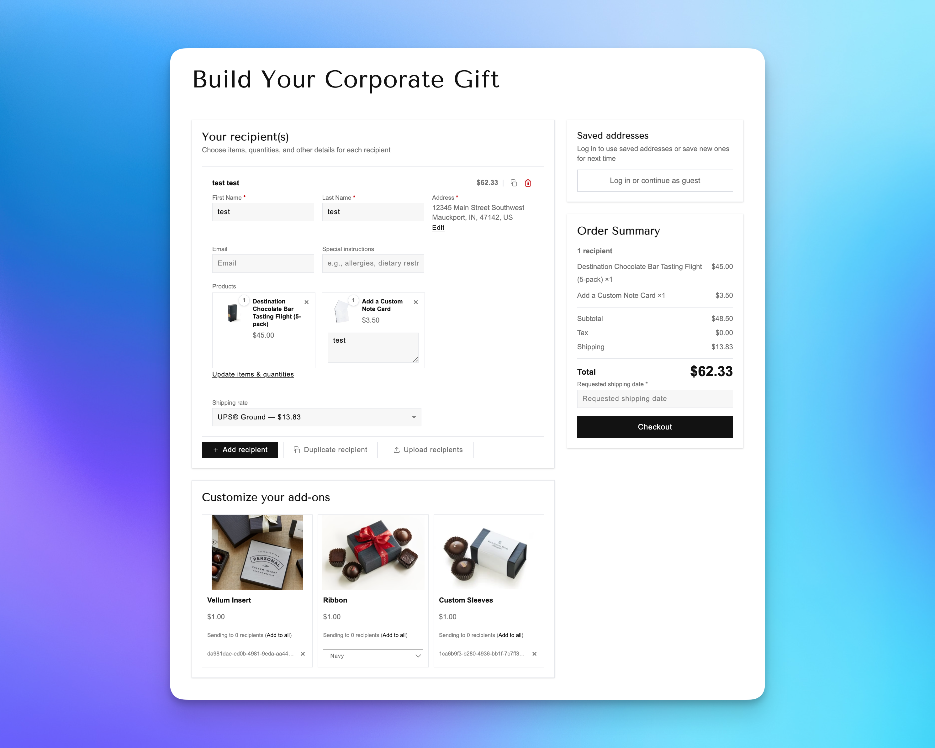 Éclat Chocolate's customized multi-recipient checkout showing a branded Build Your Corporate Gift page with recipient details and add-on customization