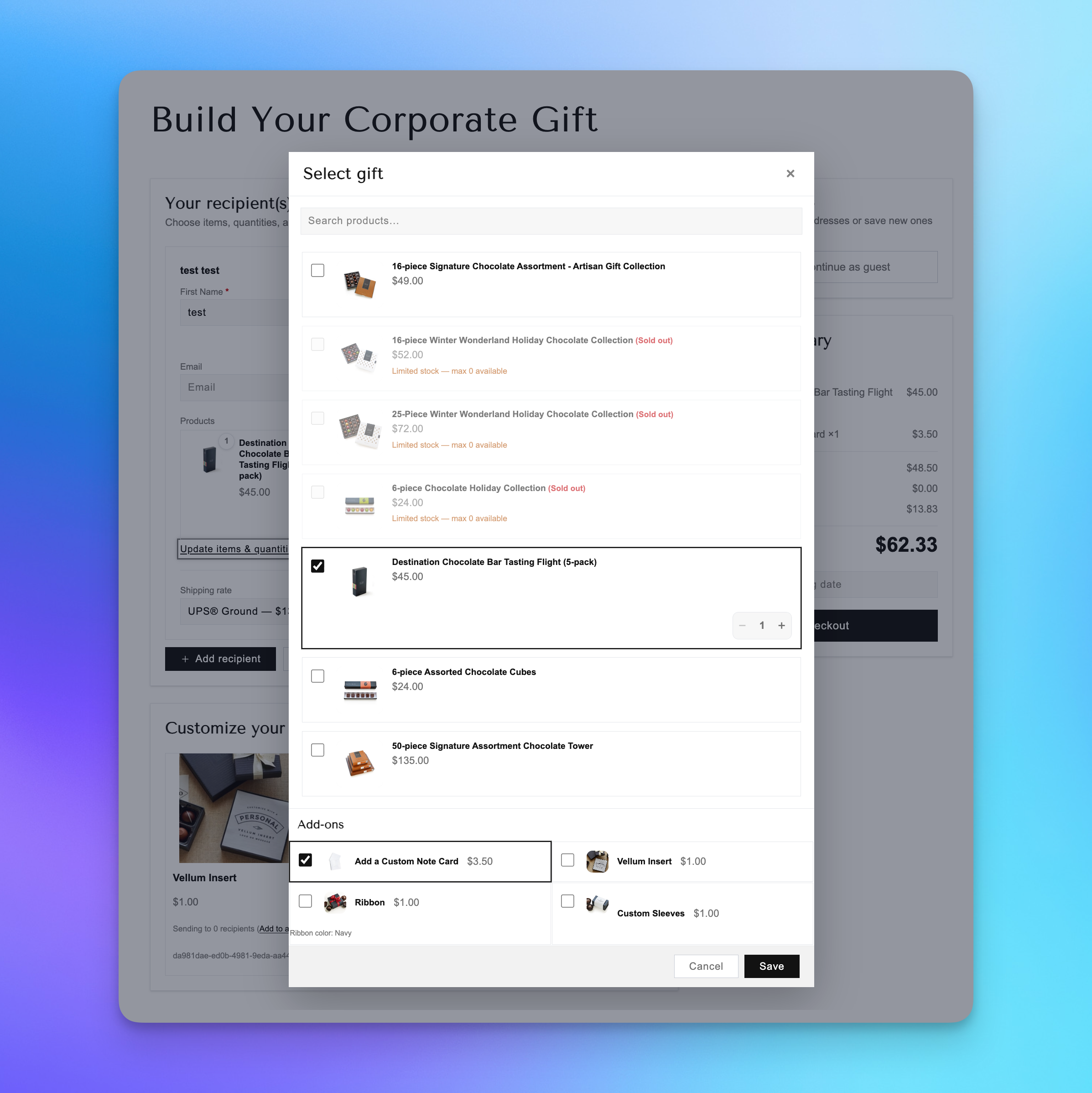 Éclat Chocolate's customized product picker modal in the Send To Many multi-recipient checkout, showing chocolate gift selection with add-ons