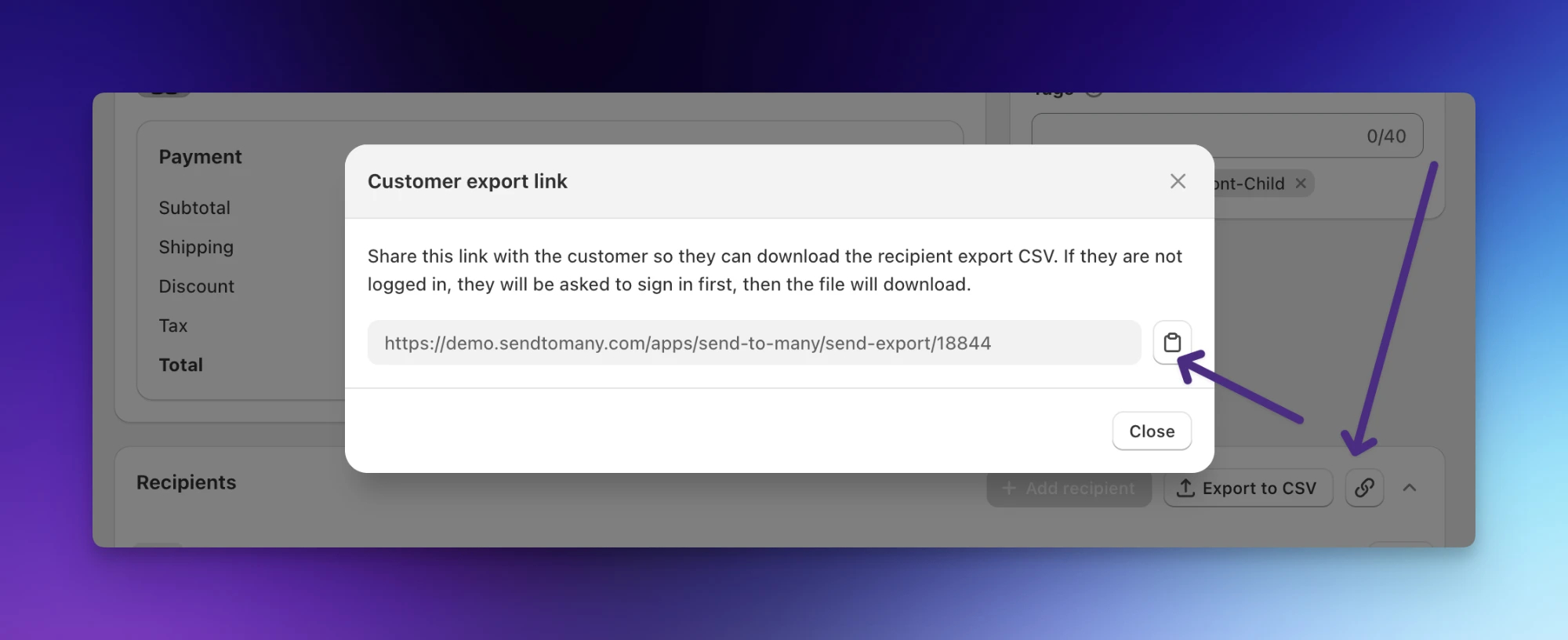Send To Many Customer export link modal on step 5 with a copyable recipient list CSV download link