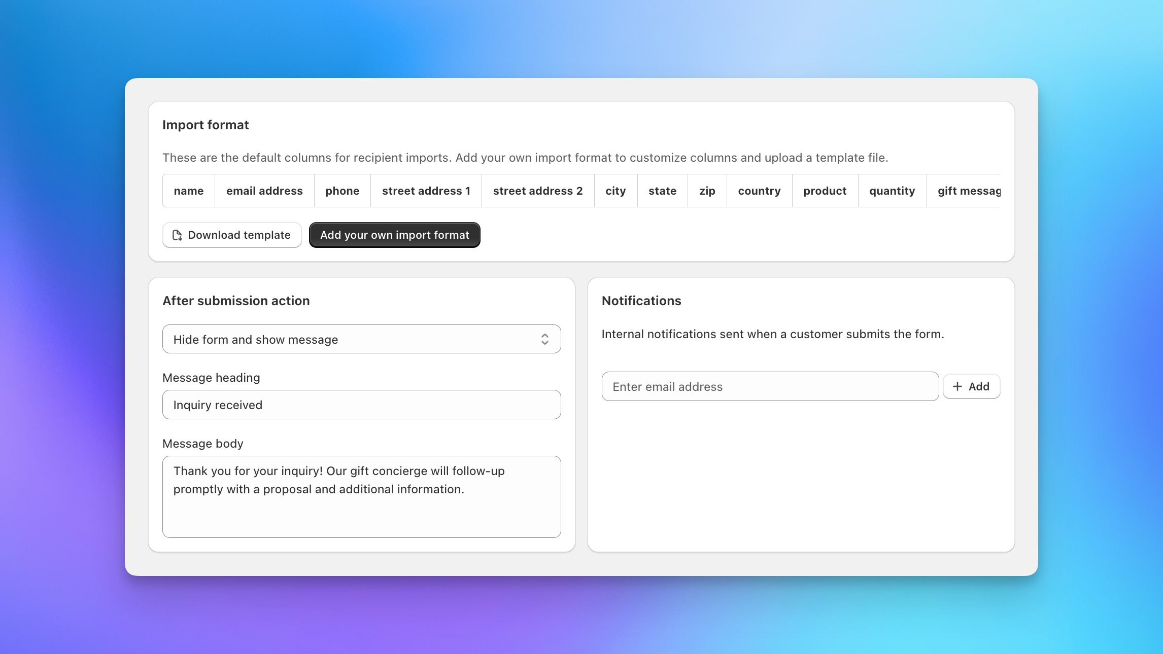 Send To Many inquiry form default import format with standard recipient columns and download template button