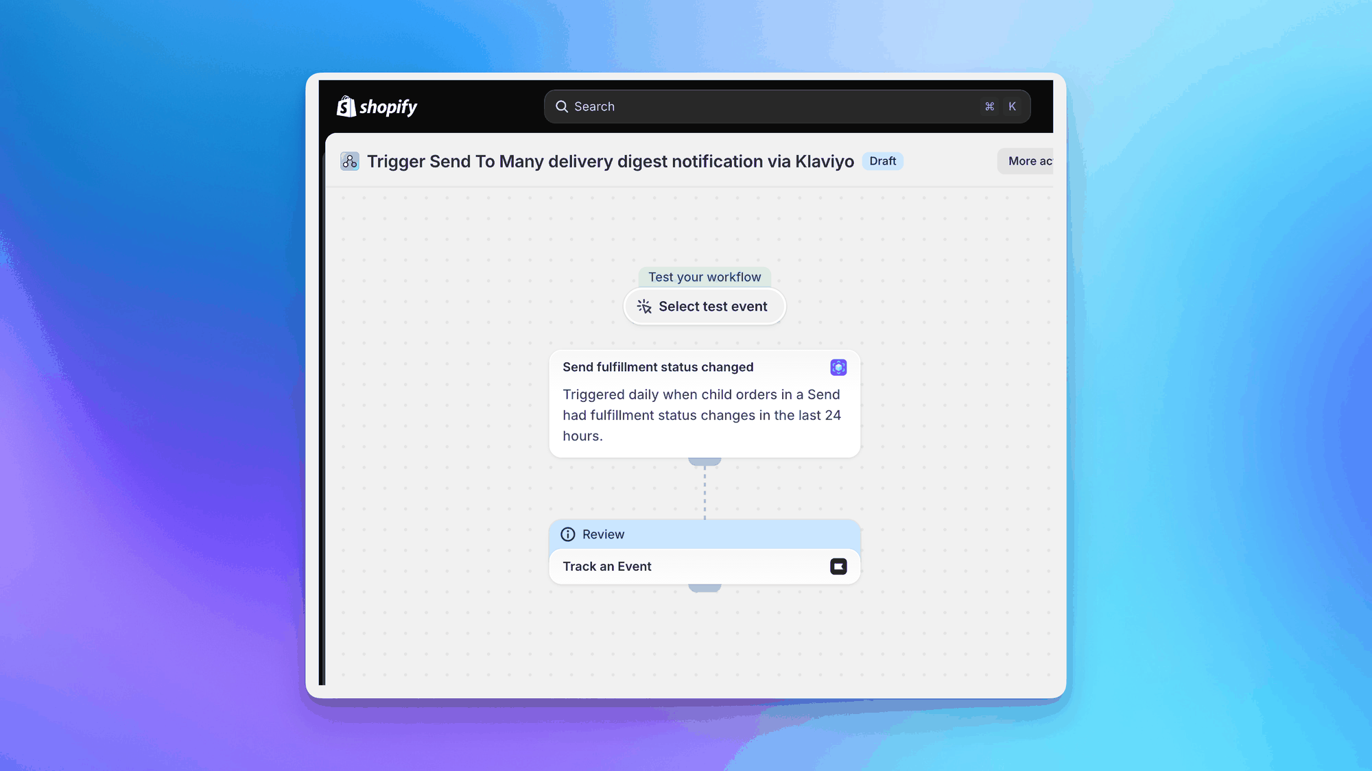 Shopify Flow workflow for the Send To Many delivery digest with the Send fulfillment status changed trigger connected to the Klaviyo Track an Event action