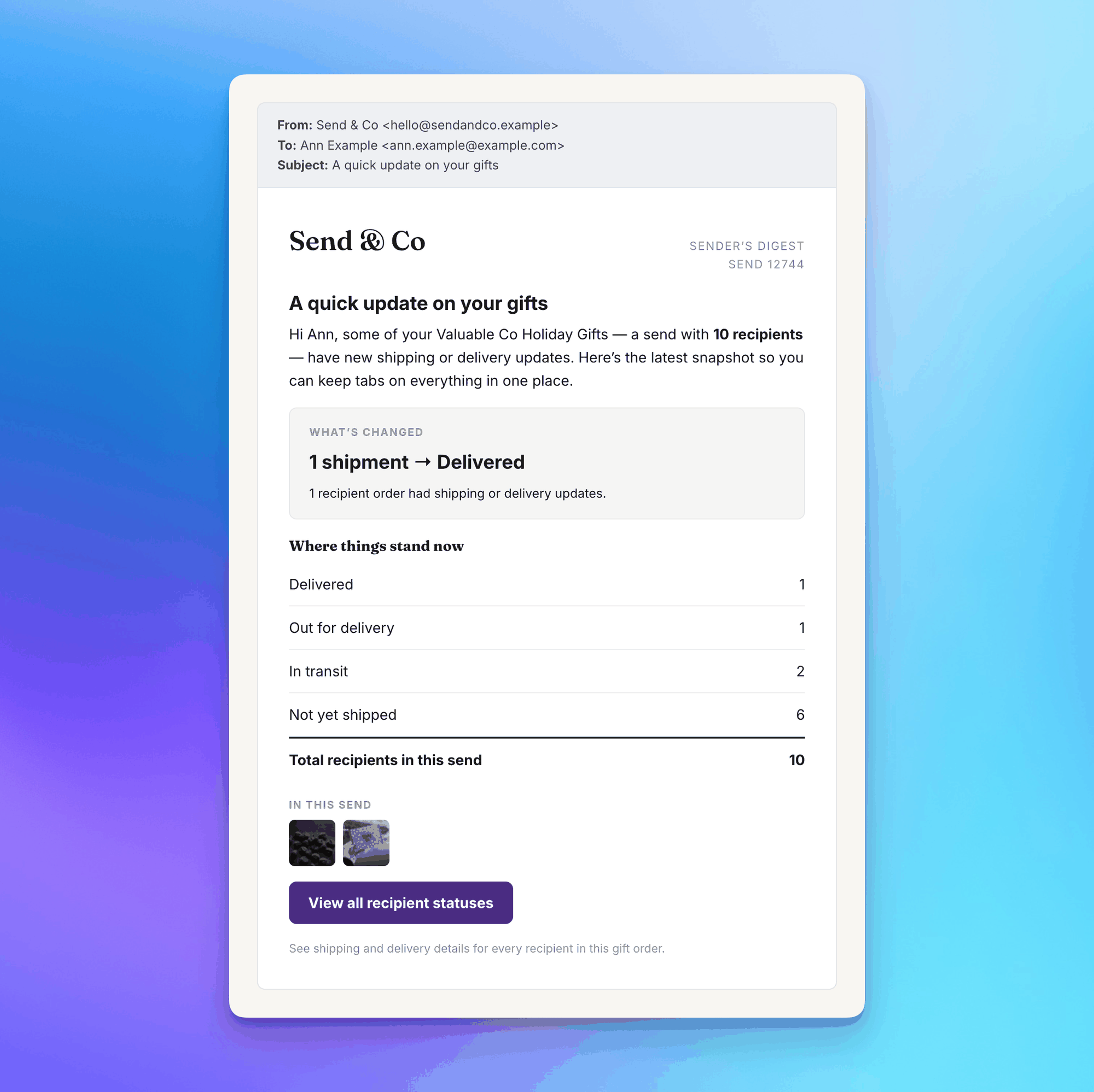 Sample delivery digest email showing what changed, current shipment status counts, and a View all recipient statuses button