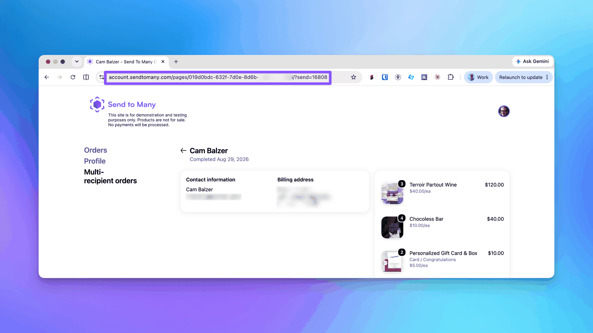 Browser address bar on the customer account Sends page showing the page ID and ?send= Send ID parameter in the URL