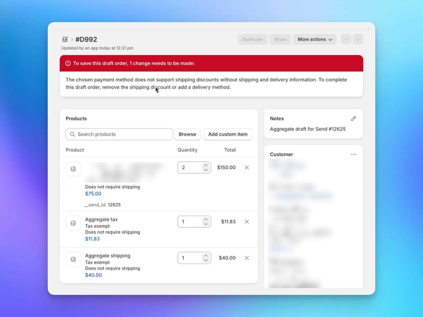 Shopify draft order showing a free shipping automatic discount error on a Send To Many bulk order