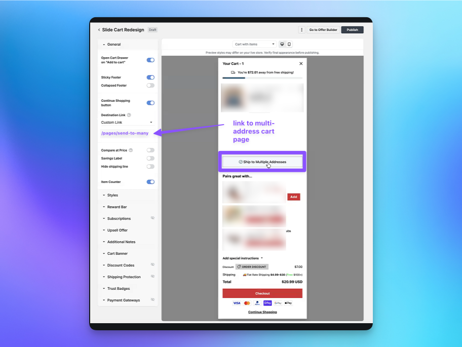 Third-party Shopify slide cart app configured with a custom link button to the Send To Many multi-recipient checkout page