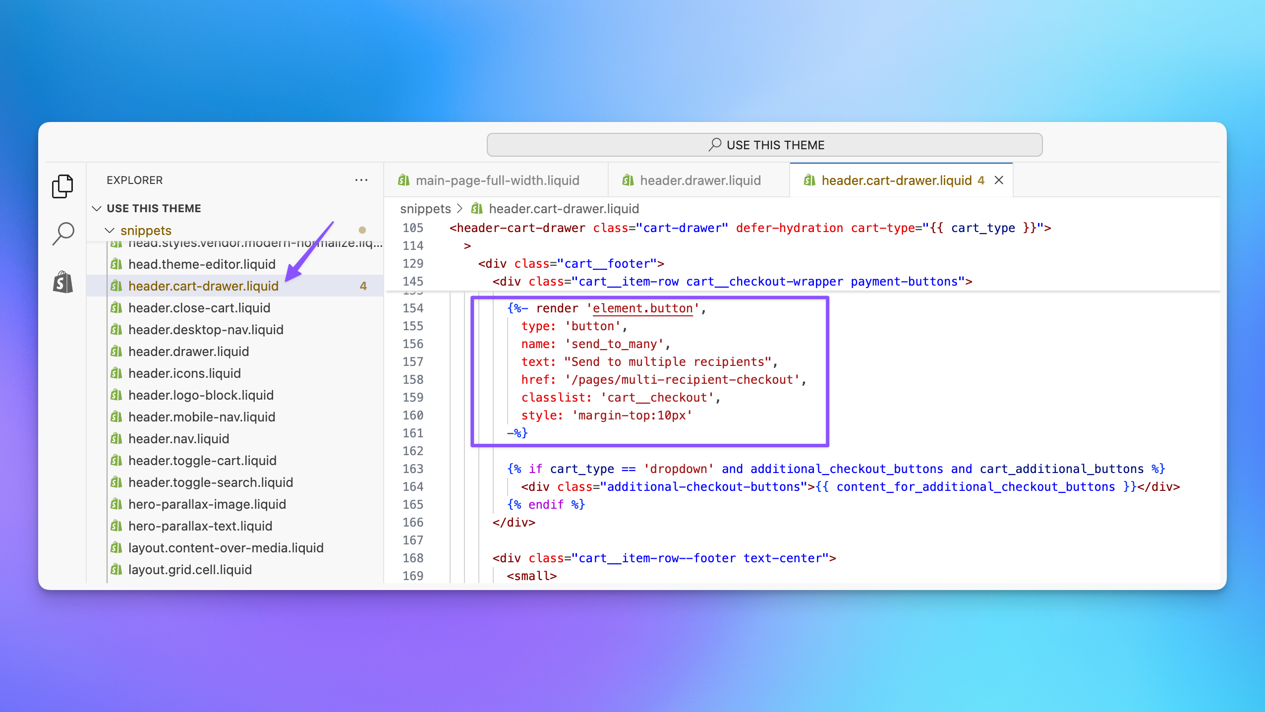 Adding a Send To Many button to the Dawn theme cart drawer in the Shopify code editor
