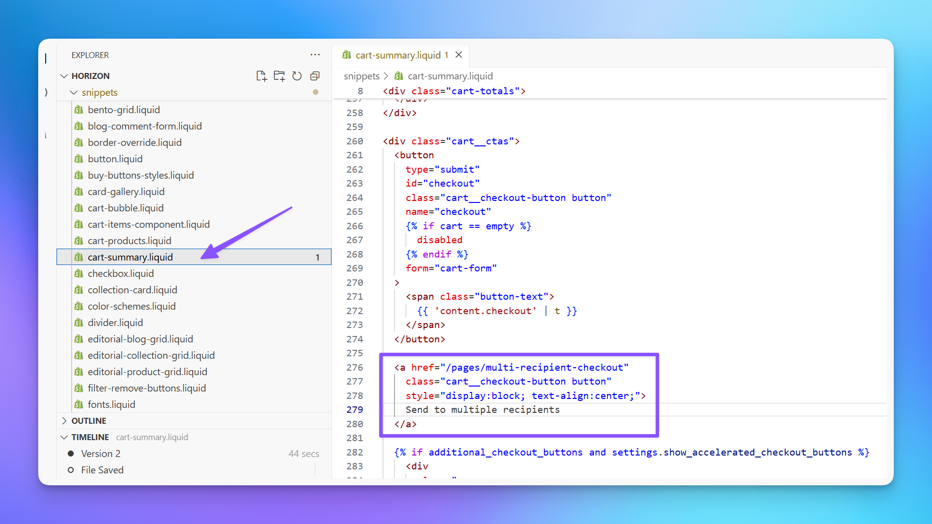 Adding a Send To Many button to the Horizon theme cart drawer in the Shopify code editor