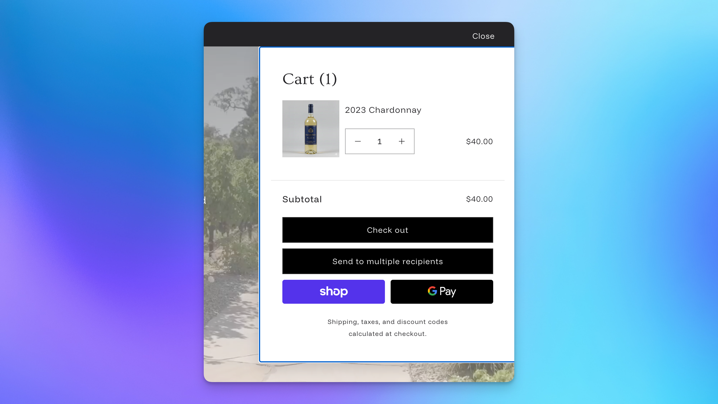 Shopify cart drawer showing the Send to multiple recipients button positioned below the checkout button