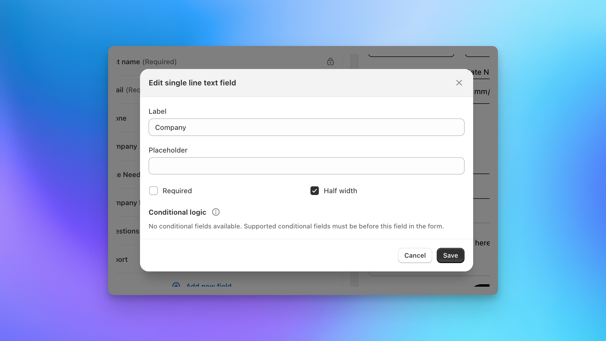 Send To Many inquiry form field settings with editable label, placeholder, required, and half width options
