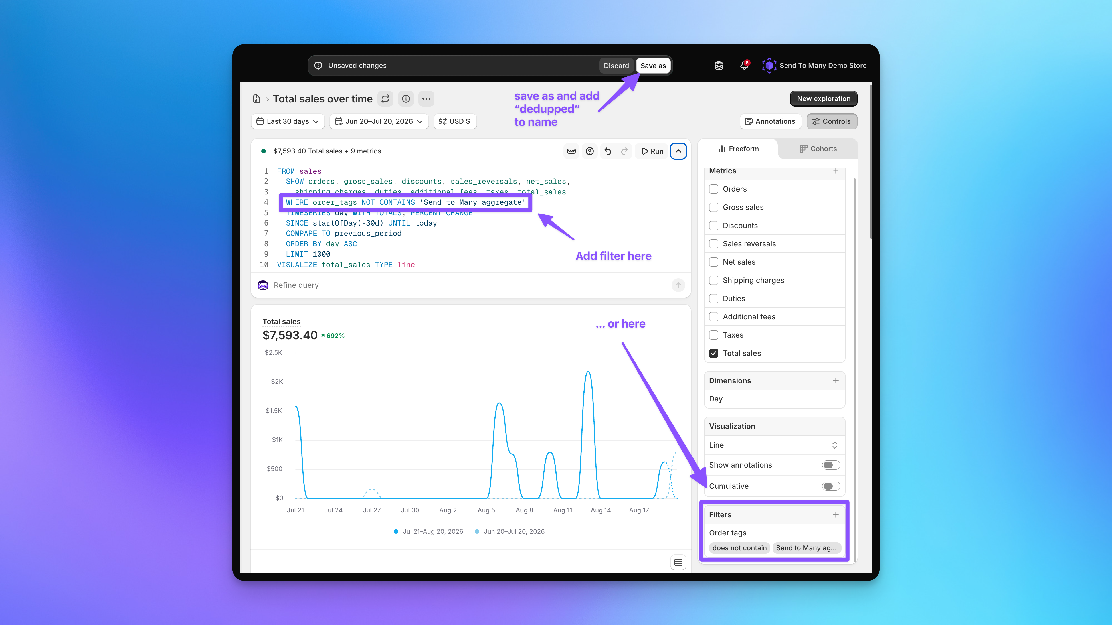Shopify analytics report editor showing the Send To Many aggregate order tag filter and the Save as button for creating a dedupped sales report